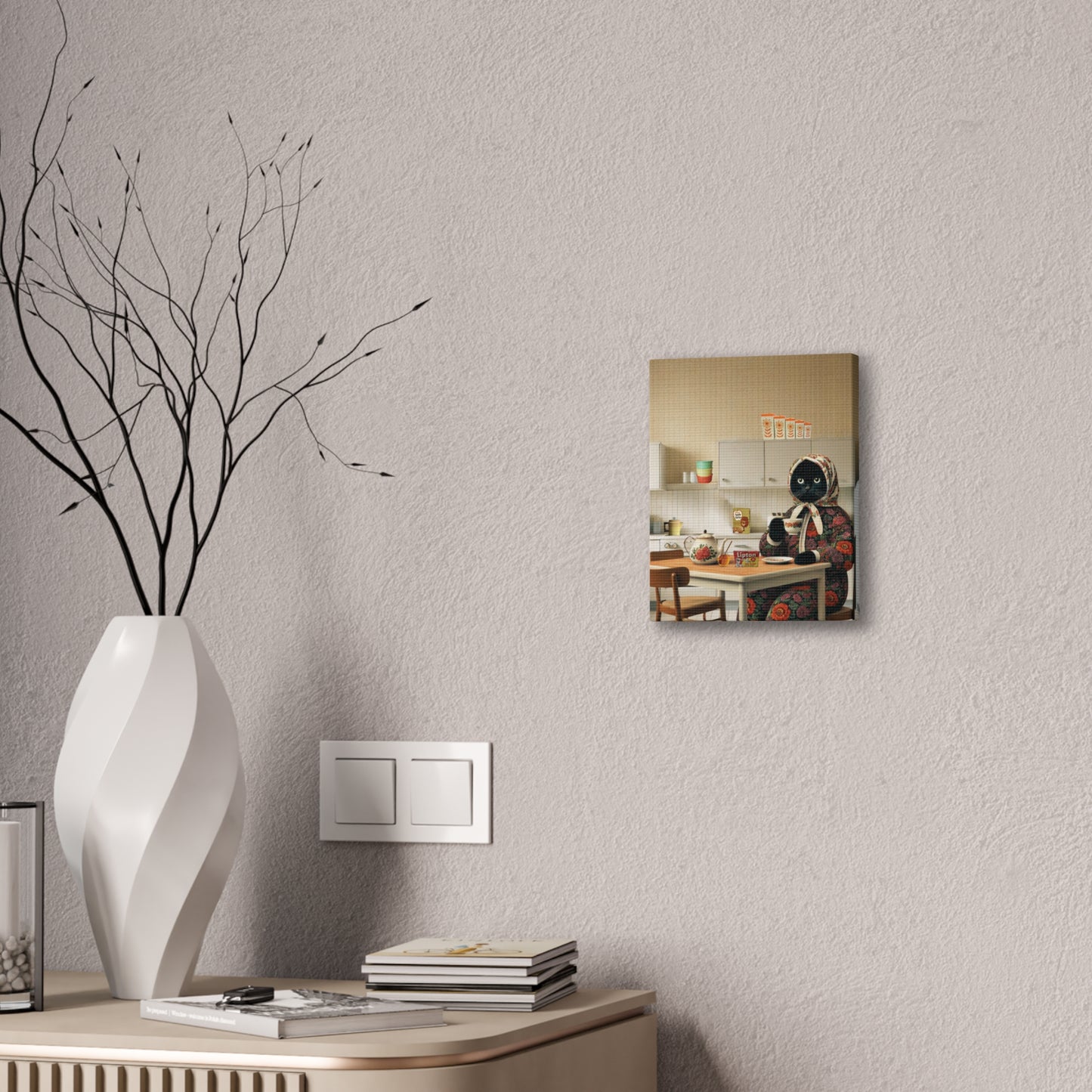 Babushka Cat, Black Cat Art, Kitty Drinking Her Morning Tea, Kitschy Cat Kitchen Wall Art