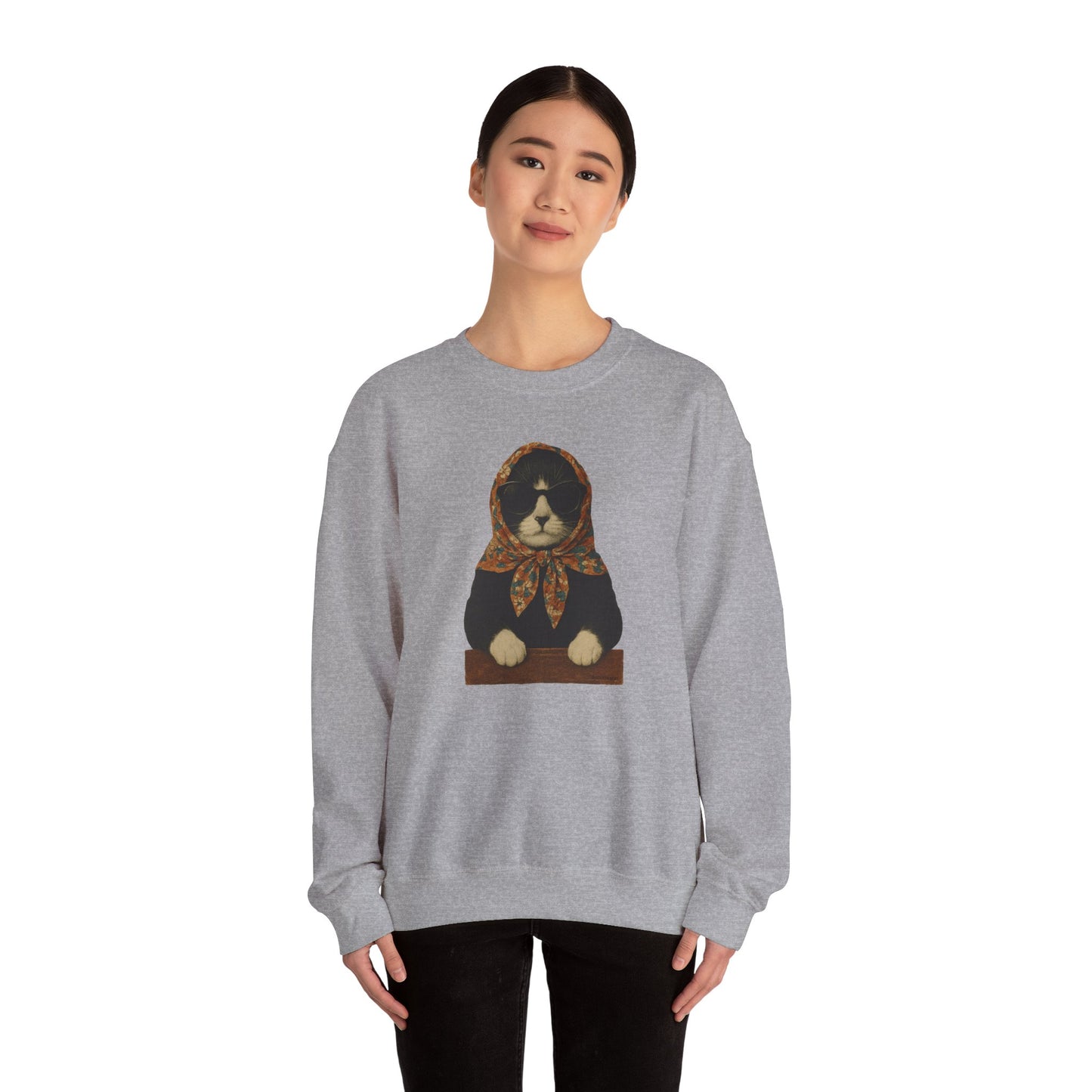 Babushka Cat, Tuxedo Cat Sweatshirt - Unisex Crewneck Pullover with Polish Cat Print