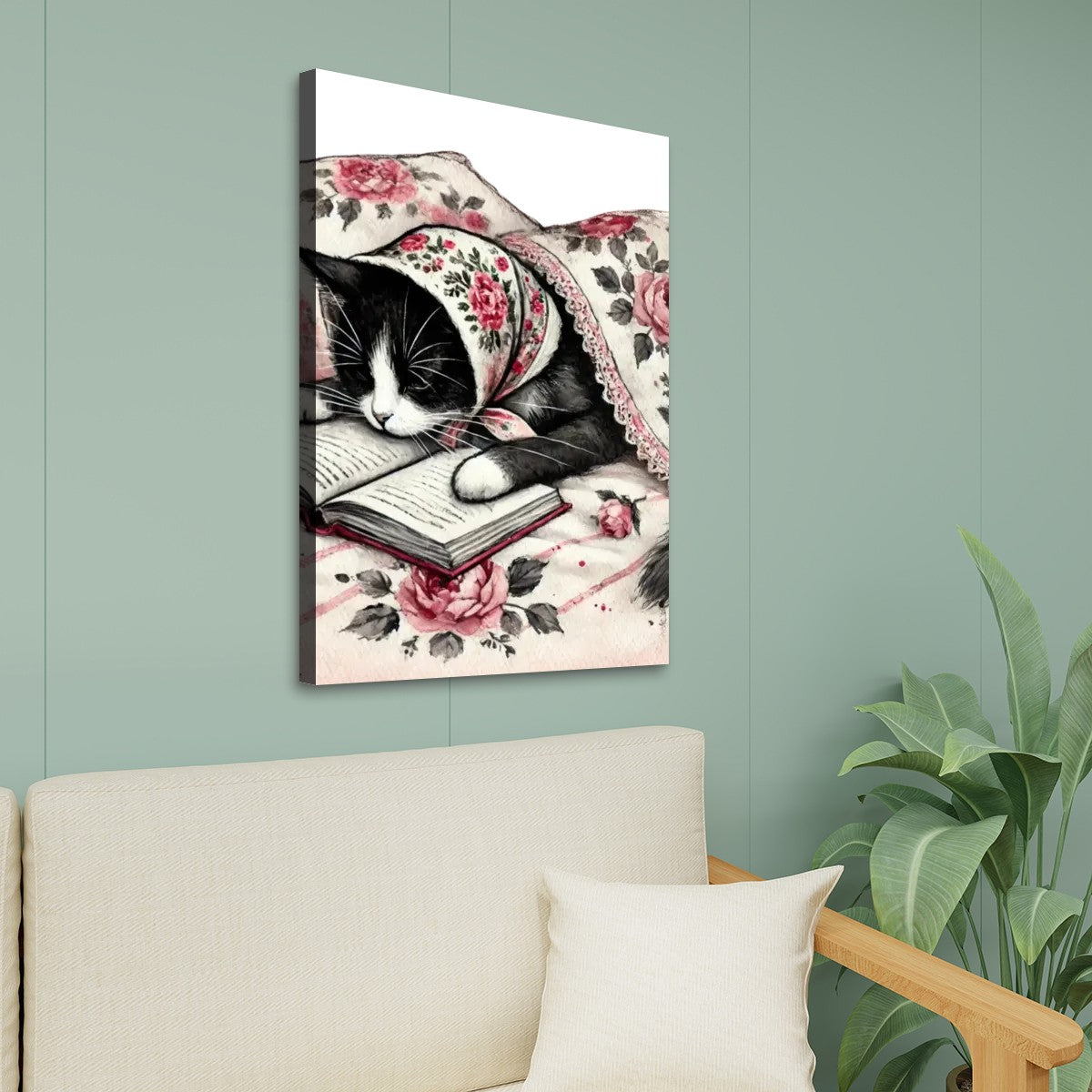 Babushka Cat Reads in Bed, Tuxedo Cat Wall Art Kitschy Cat Canvas Prints Wall Art