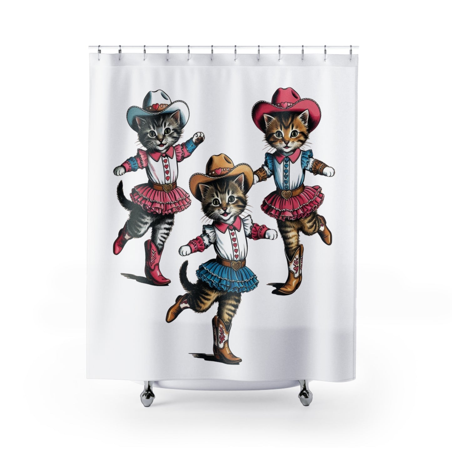 Vintage Cowgirl Western Kittens Cat Theme Shower Curtains, Kitschy Bathroom Art