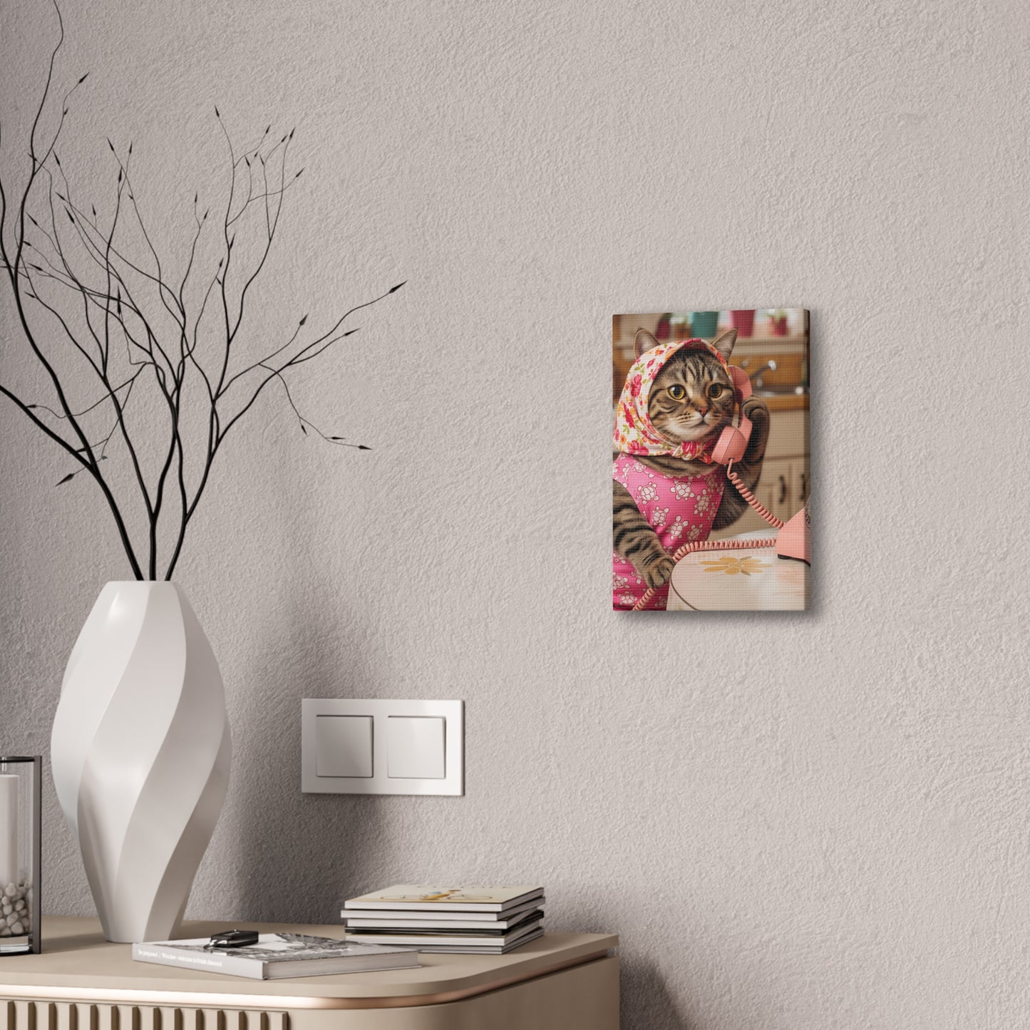 Babushka Cat Dials Up Kitschy Canvas Wall Art