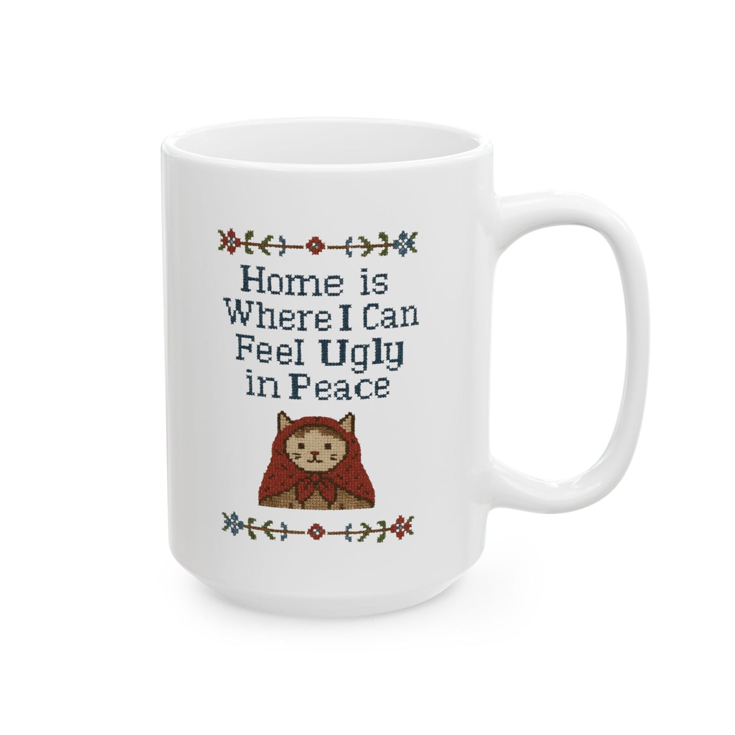 Babushka Cat Mug, Funny Cat Ceramic Mug - Faux Cross Stitch Look