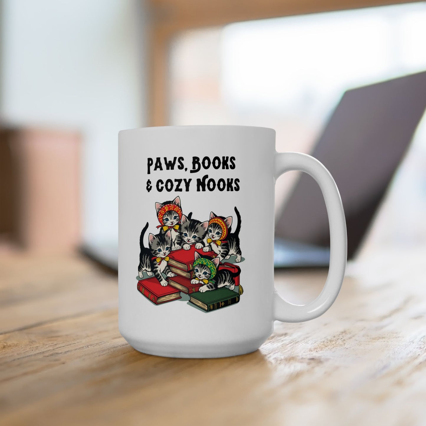 Kitschy Mug with Babusha Kittens and Books Design, Ceramic Mug