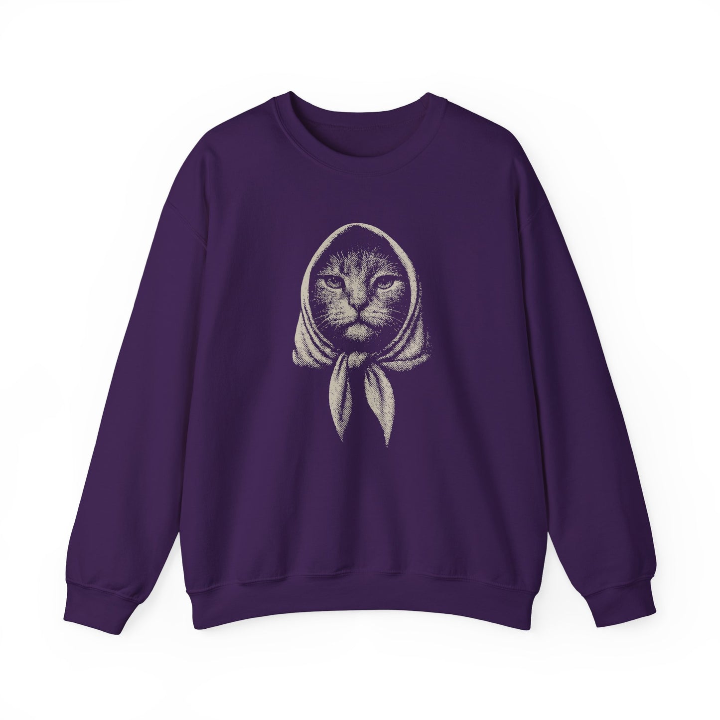 Babushka Cat Artsy Etched Linocut Crewneck Sweatshirt