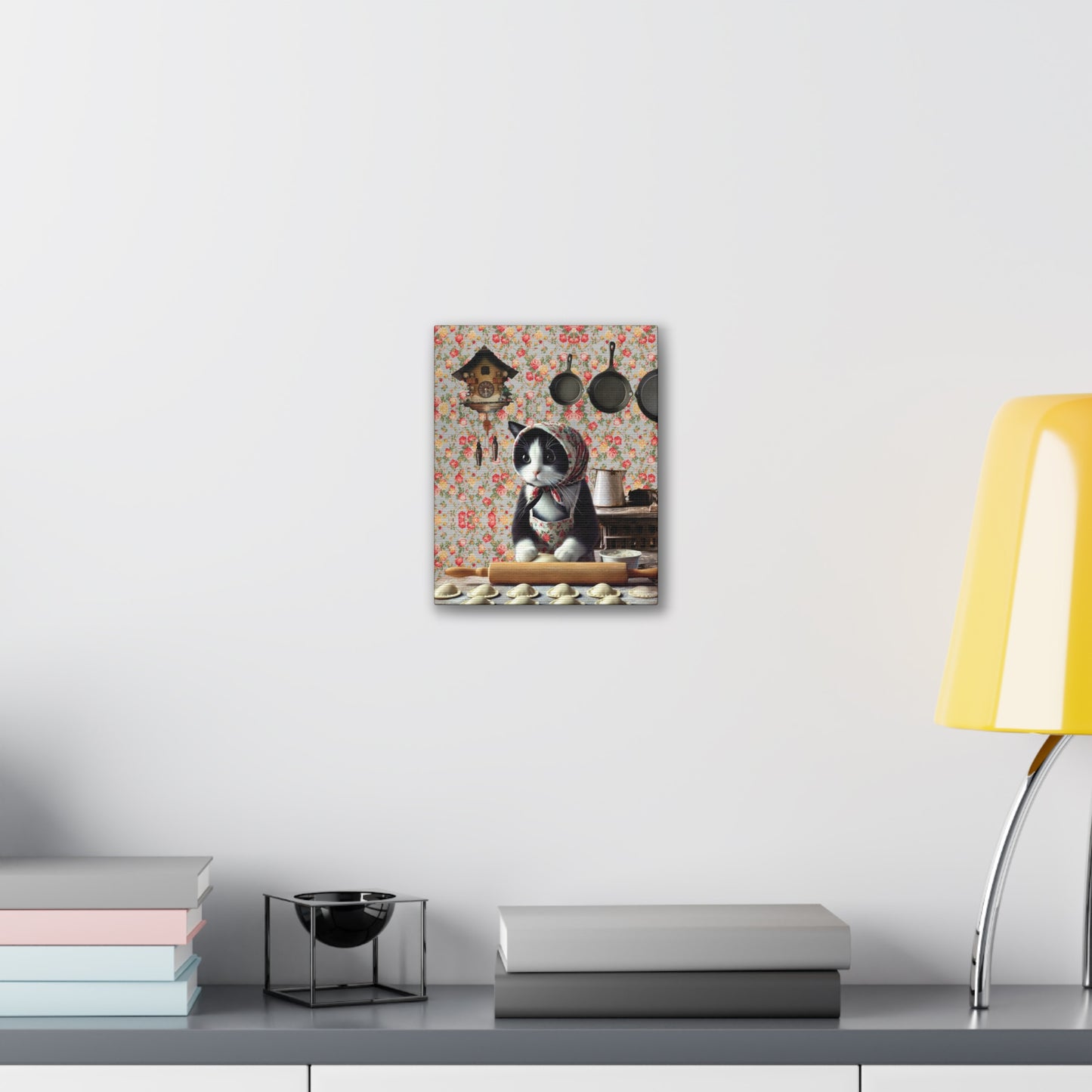 Babushka Cat, Tuxedo Cat Art, Kitty Makes Pierogi, Kitschy Cat Kitchen Wall Art, Canvas Wall Art, Nostalgic Polish Art
