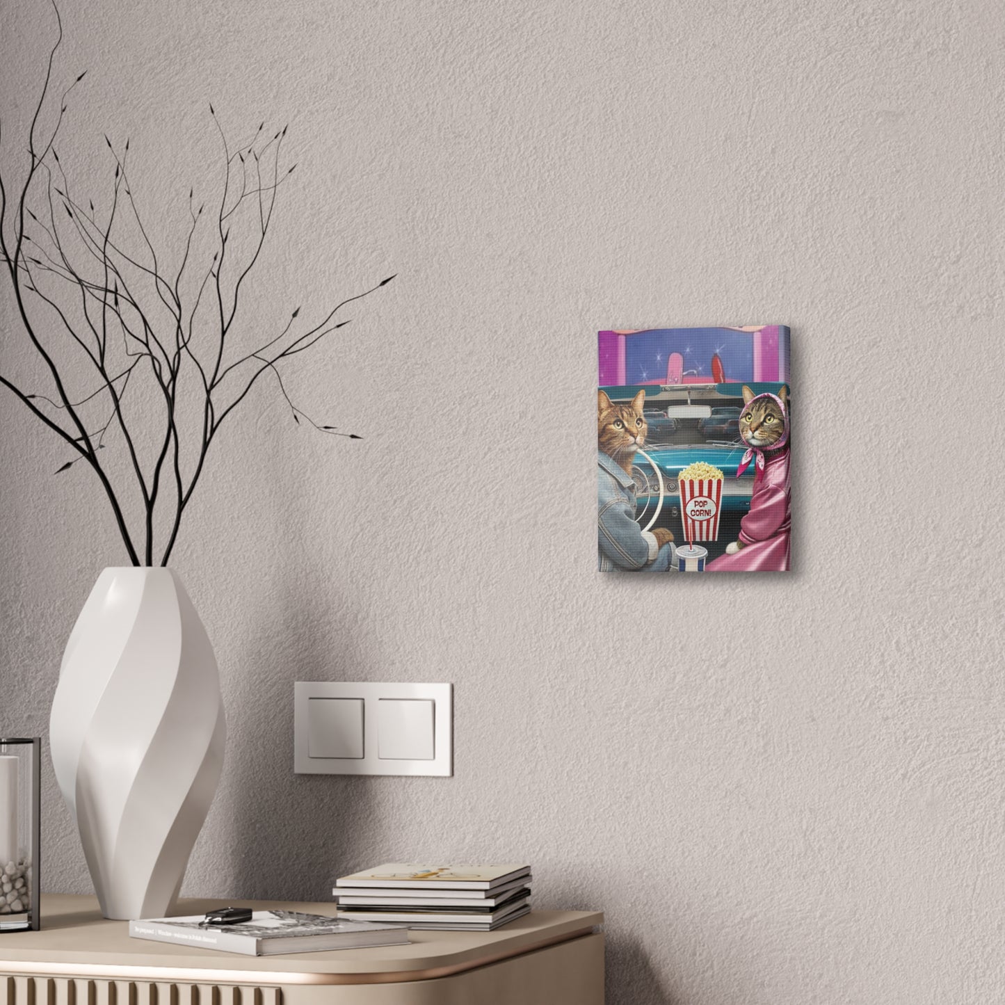 Drive-In 50's Cats, Pink Lady, Babushka Cat Kitschy Cat Wall Art, Canvas Wall Art, Nostalgic 50's Art
