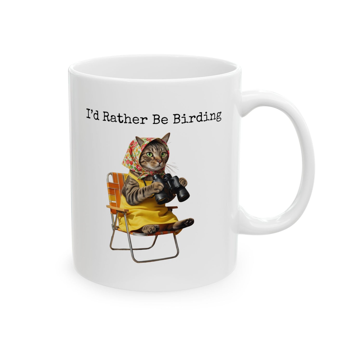Babushka Cat Birdwatching Ceramic Mug – I'd Rather Be Birding Coffee Cup, Gift for Bird Lovers