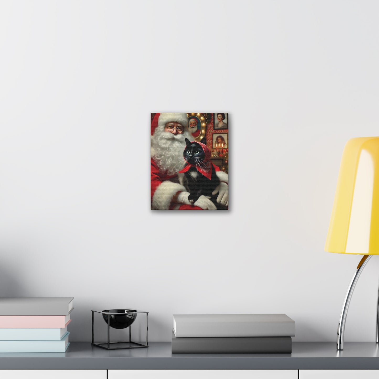 Christmas Babushka Cat, Black Cat Art, Kitty and Santa Kitschy Cat Wall Art, Canvas Wall Art, Nostalgic Art