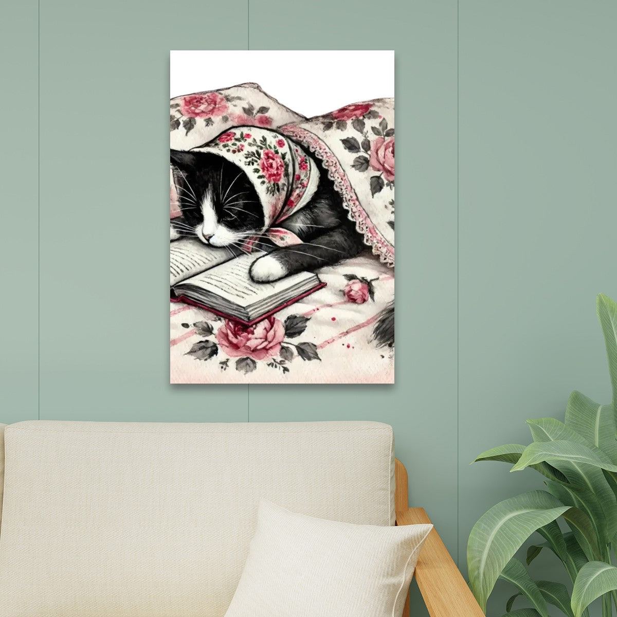 Babushka Cat Reads in Bed, Tuxedo Cat Wall Art Kitschy Cat Canvas Prints Wall Art