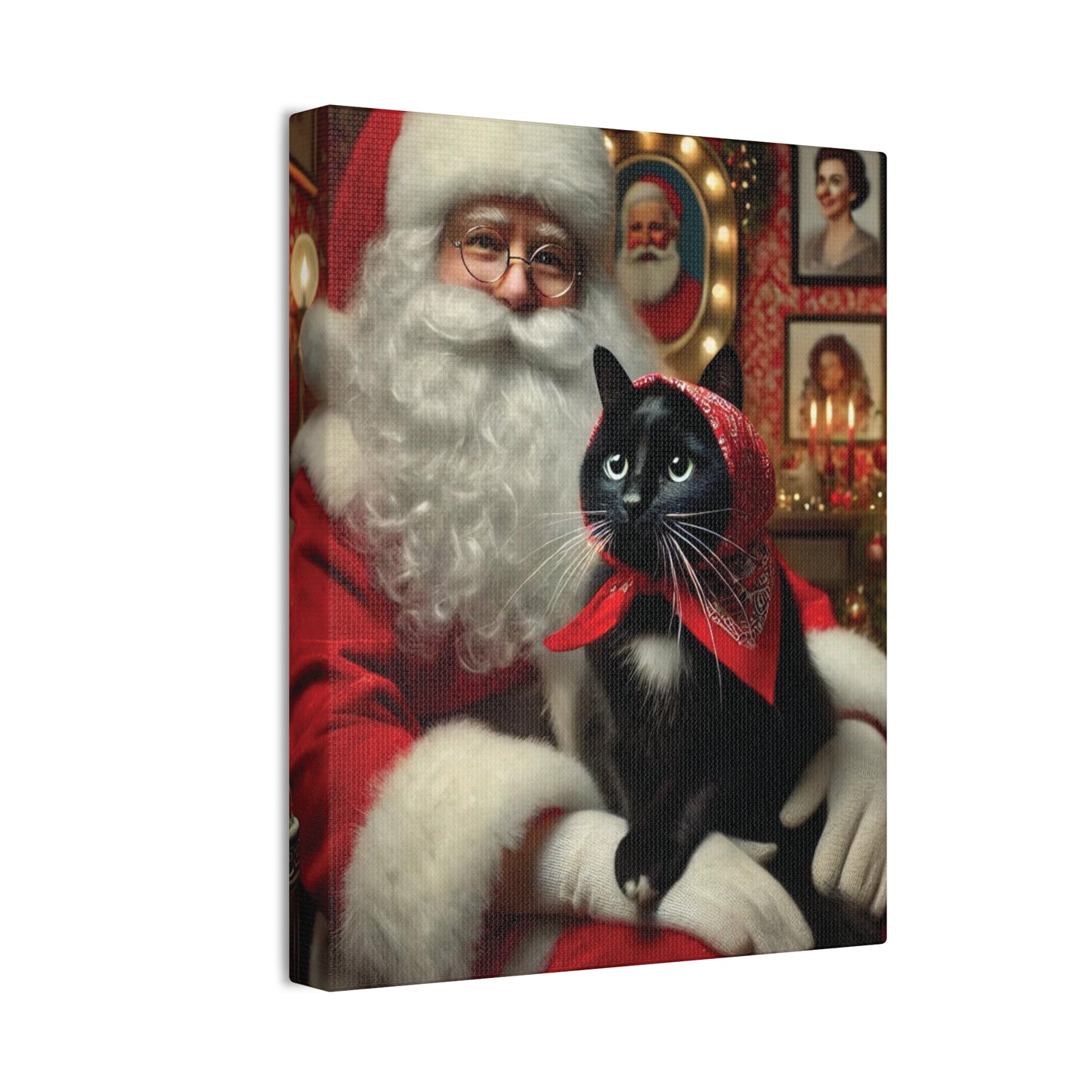 Christmas Babushka Cat, Black Cat Art, Kitty and Santa Kitschy Cat Wall Art, Canvas Wall Art, Nostalgic Art