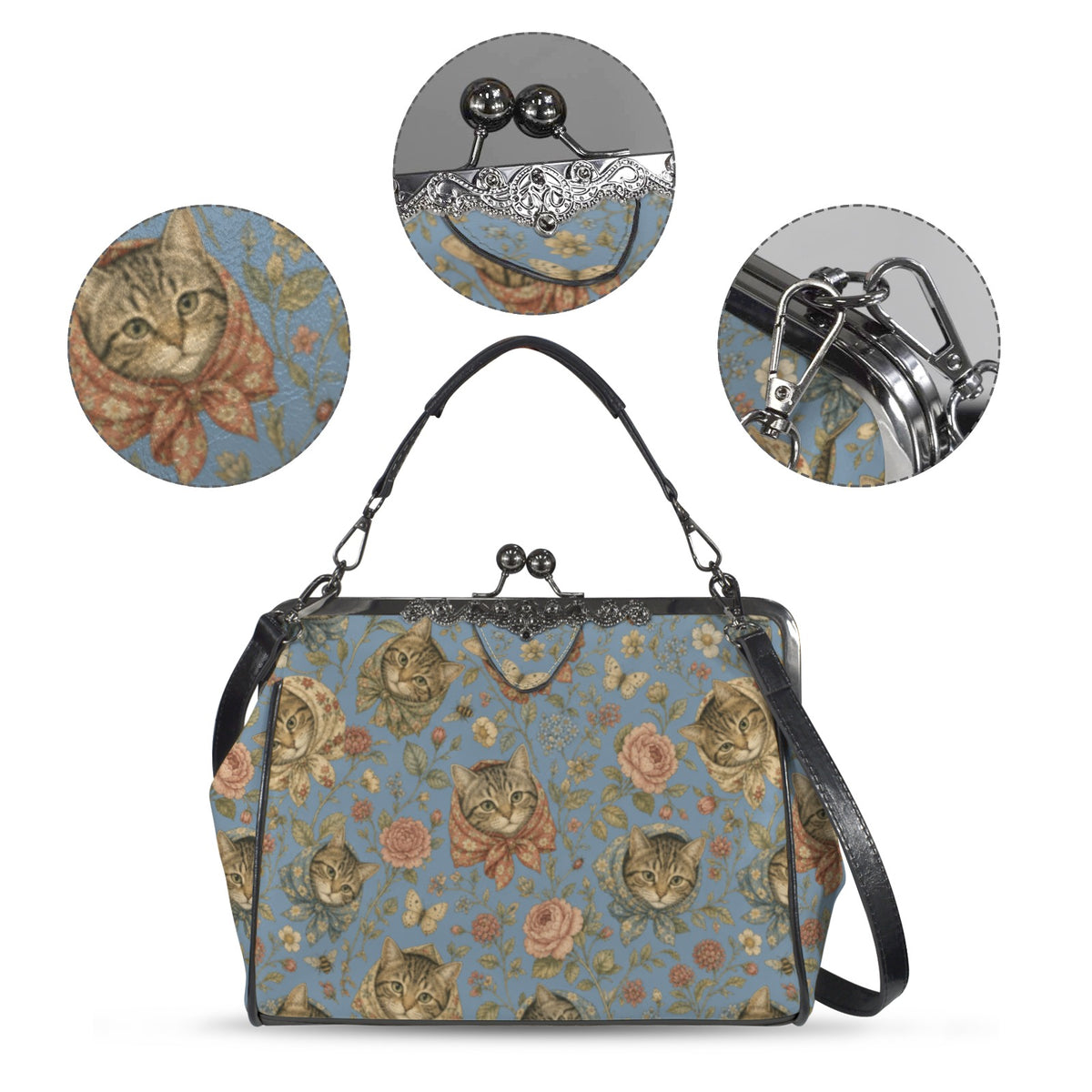 Babushka Cat Heads Pastoral Toile Vintage Style Kisslock Purse