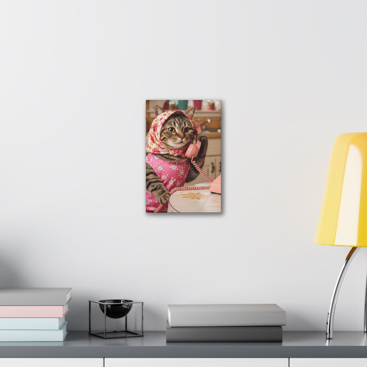 Babushka Cat Dials Up Kitschy Canvas Wall Art