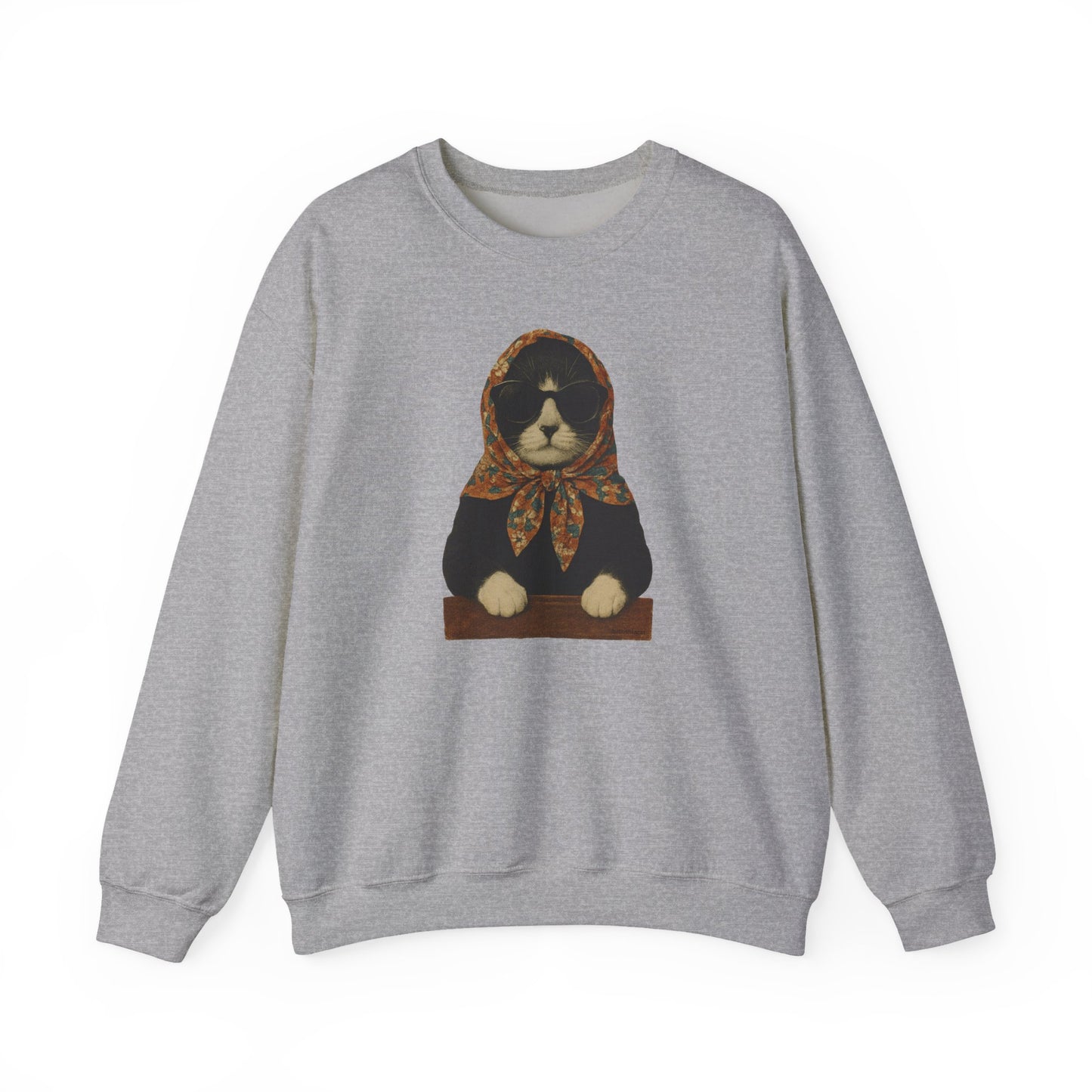 Babushka Cat, Tuxedo Cat Sweatshirt - Unisex Crewneck Pullover with Polish Cat Print