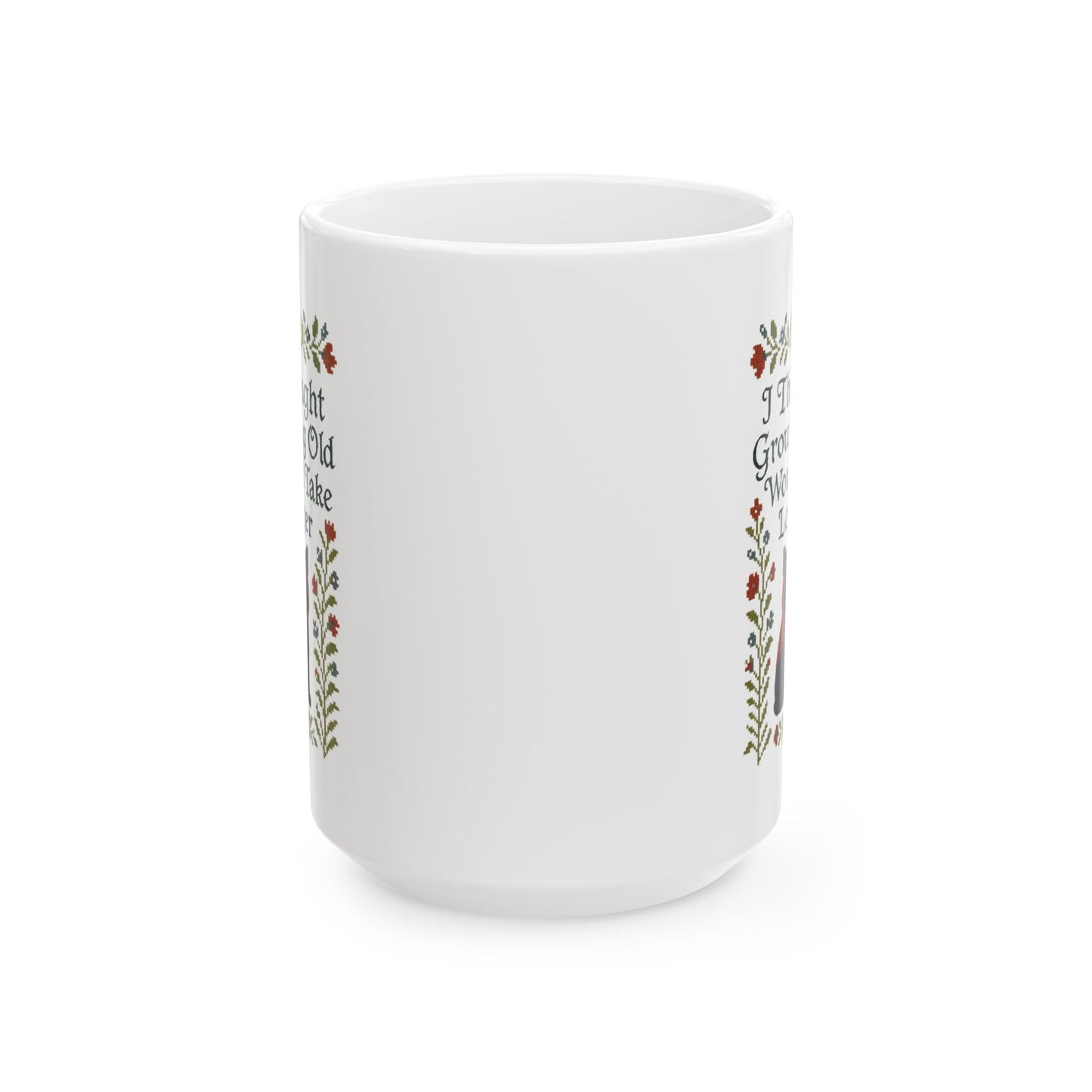 Babushka Black Cat Mug, Funny Aging Quote Cat Ceramic Mug - Faux Cross Stitch Look