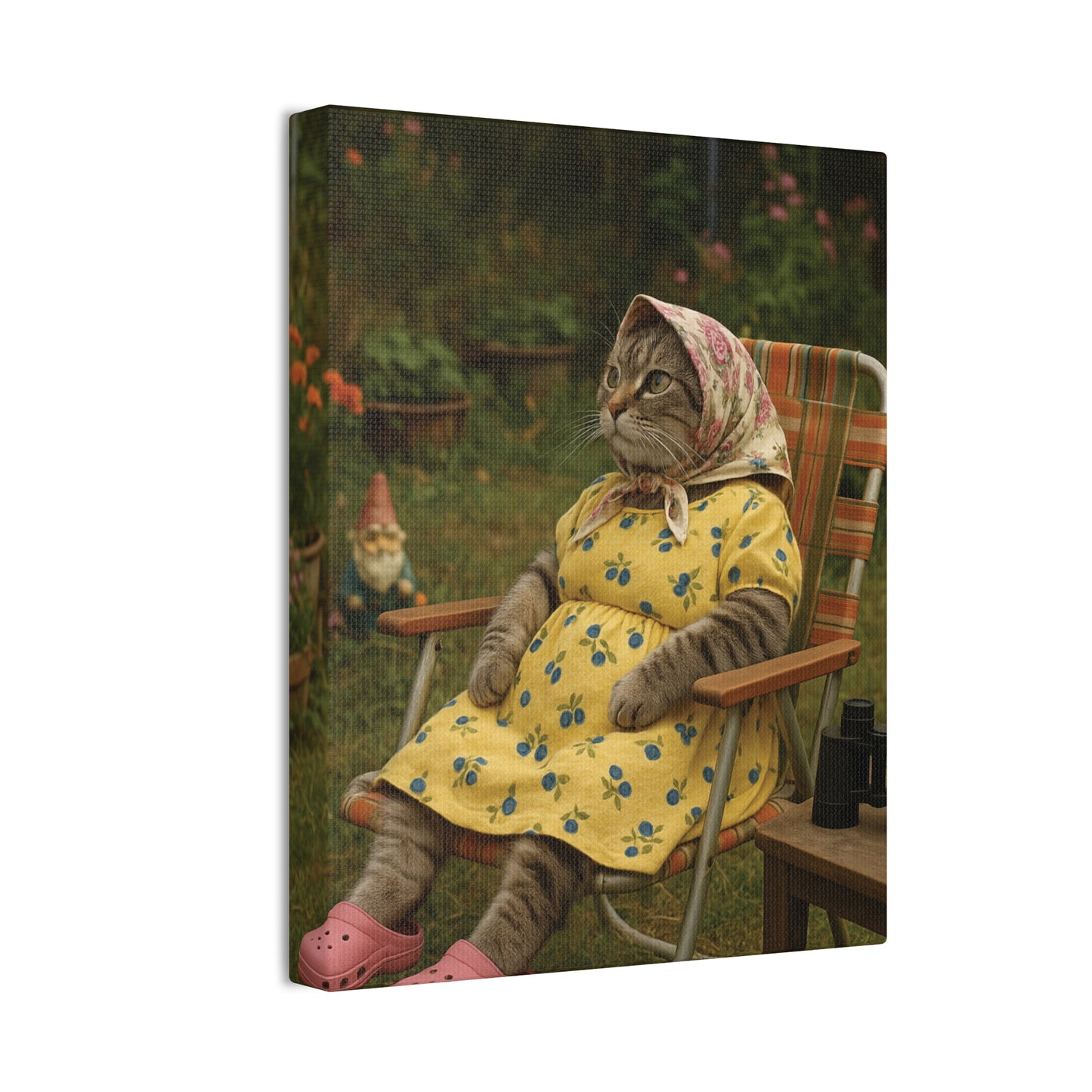 Babushka Cat Backyard Birding, Nostalgic Kitschy Cat Art Canvas