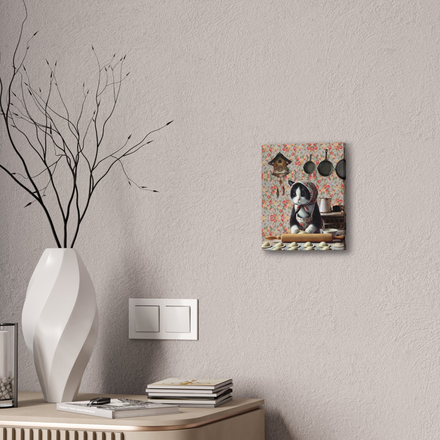 Babushka Cat, Tuxedo Cat Art, Kitty Makes Pierogi, Kitschy Cat Kitchen Wall Art, Canvas Wall Art, Nostalgic Polish Art