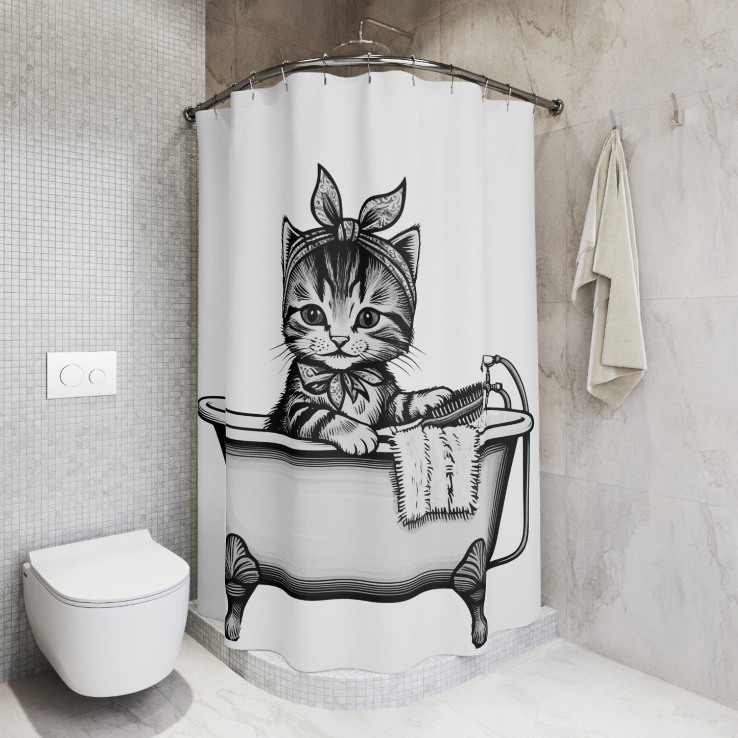Vintage Kitten Art Cat Shower Curtains, Kitschy Bathroom Art