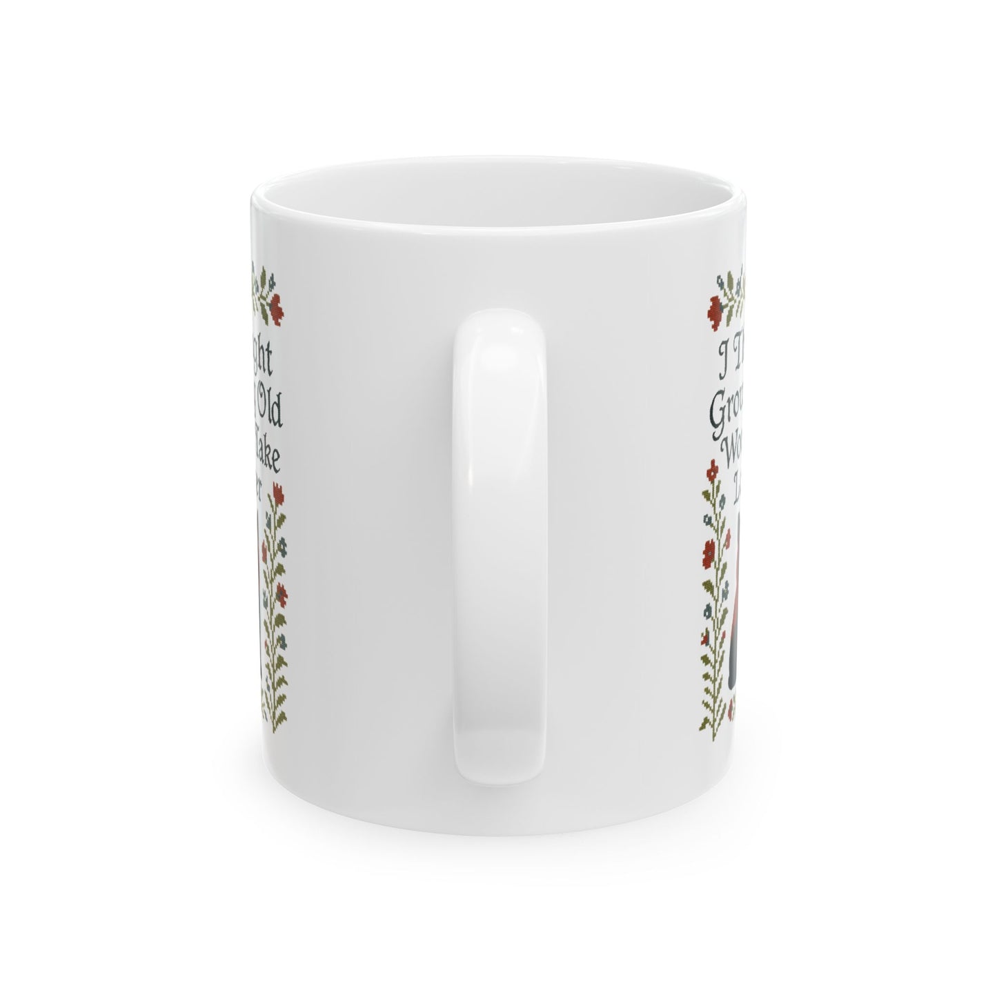 Babushka Black Cat Mug, Funny Aging Quote Cat Ceramic Mug - Faux Cross Stitch Look