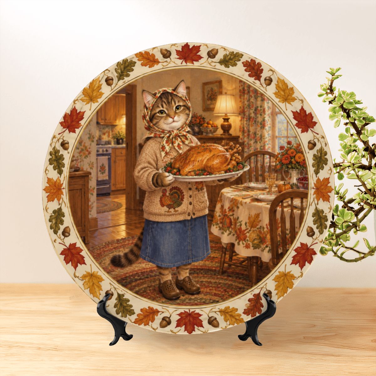 Babushka Cat Decorative Thanksgiving Plate