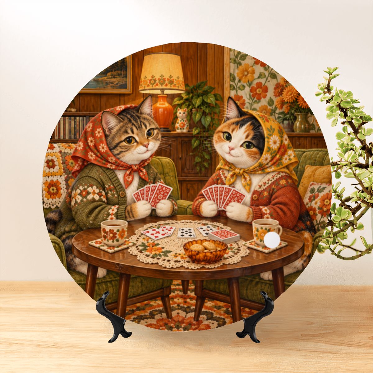 Babushka Cats Playing Cards Decorative Plate