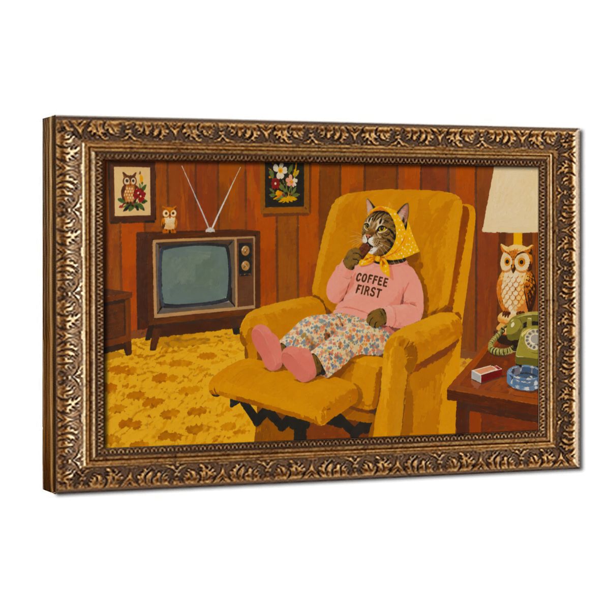 Babushka Cat Coffee First Acrylic Style Vintage Gold Framed Canvas Prints Wall Art