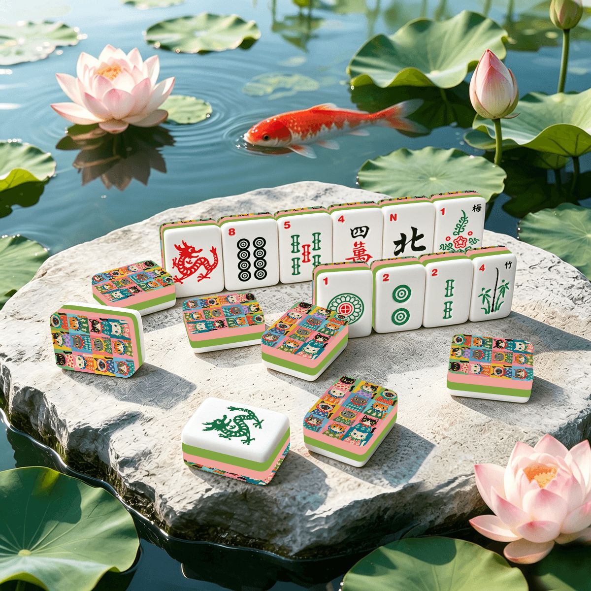 Kitschy Babushka Cat  4 Layer American Mahjong Tiles Set
