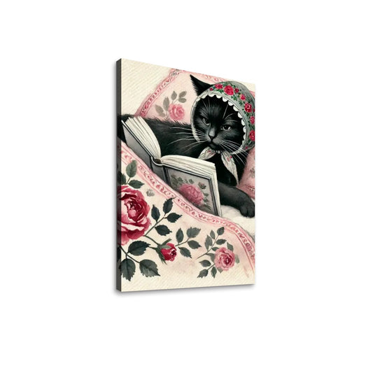 Babushka Cat Reads, Kitschy Cat Canvas Print Wall Art