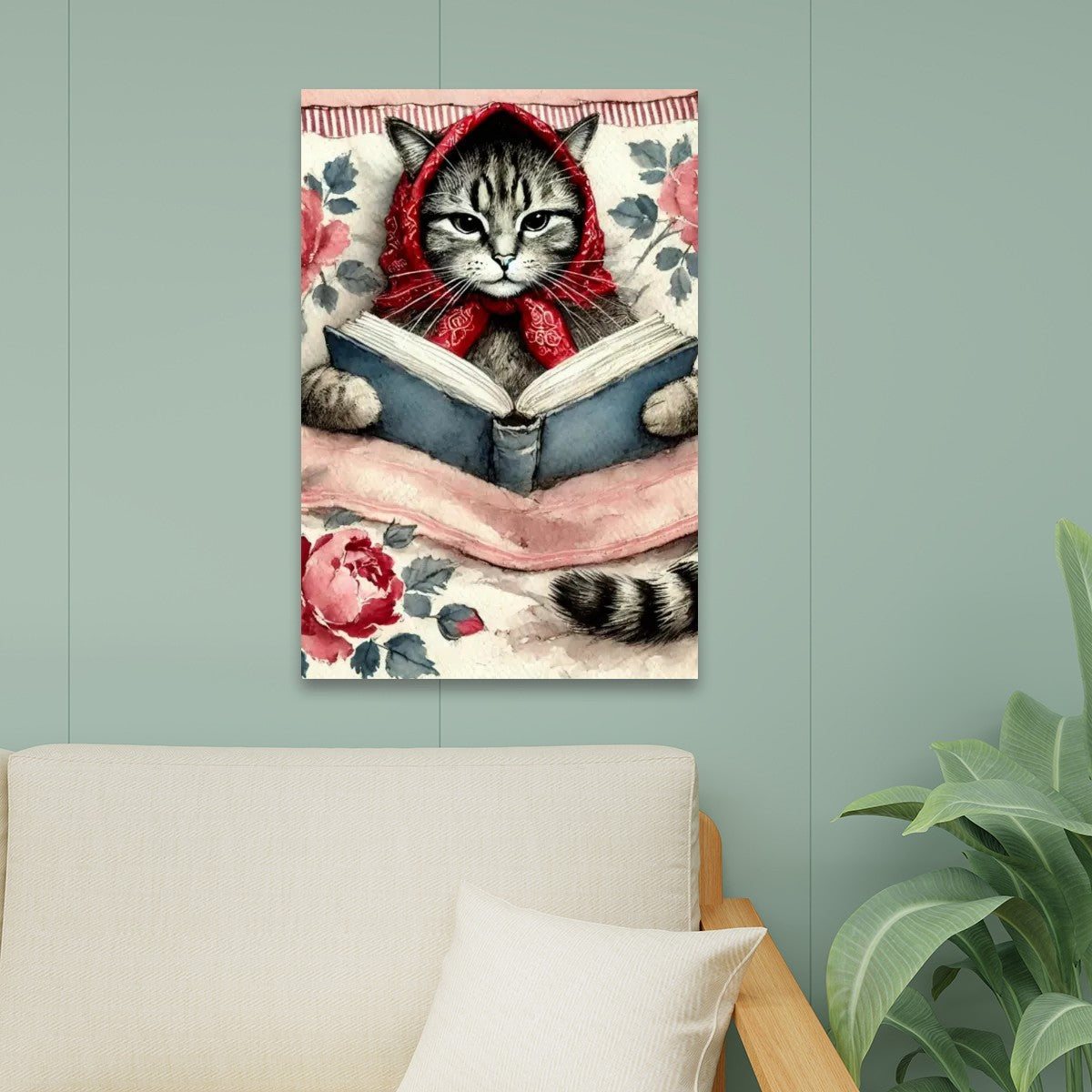 Babushka Cat Reads Canvas Print Wall Art