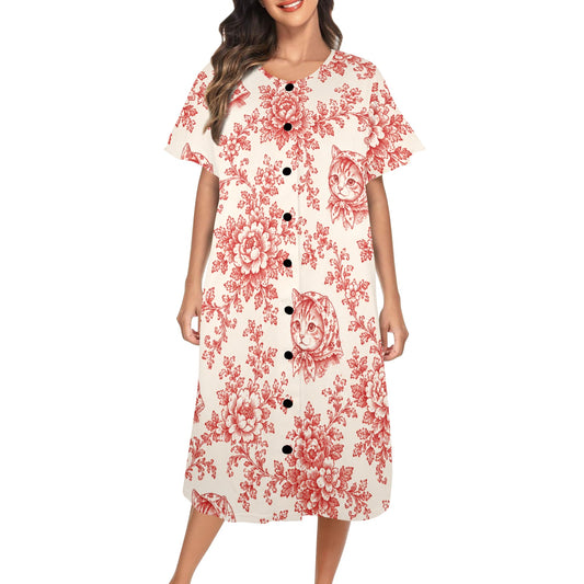 Babushka Cat Red Toile House Dress-Red Toile Babushka Cats