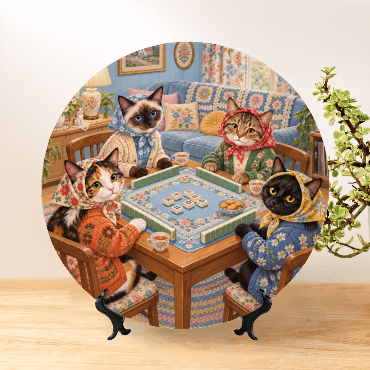 Babushka Cats Playing Mahjong Decorative Plate