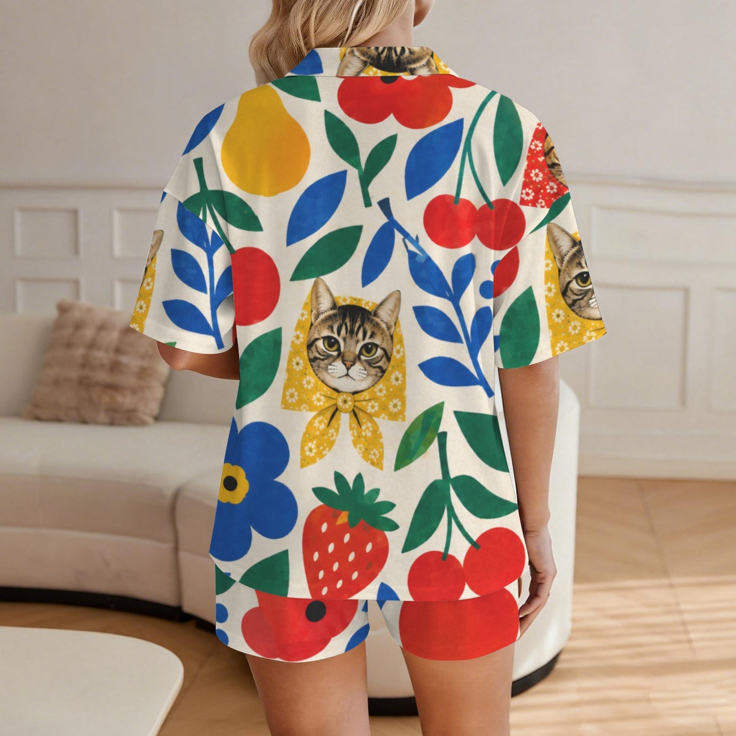 Babushka Cat Women’s Two-Piece Fruity Face Pajama Set