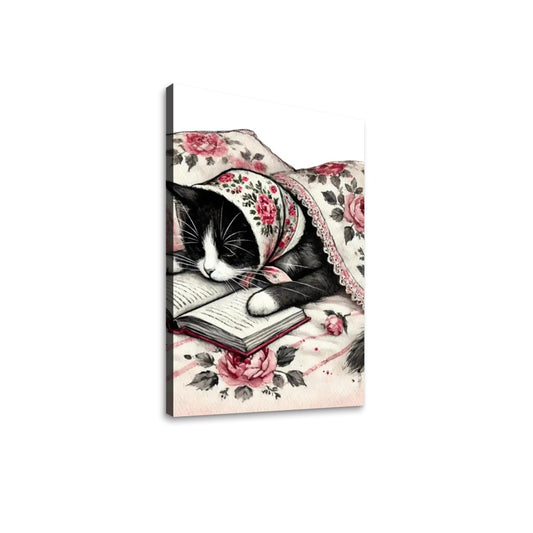 Babushka Cat Reads in Bed, Tuxedo Cat Wall Art  Kitschy Cat Canvas Prints Wall Art
