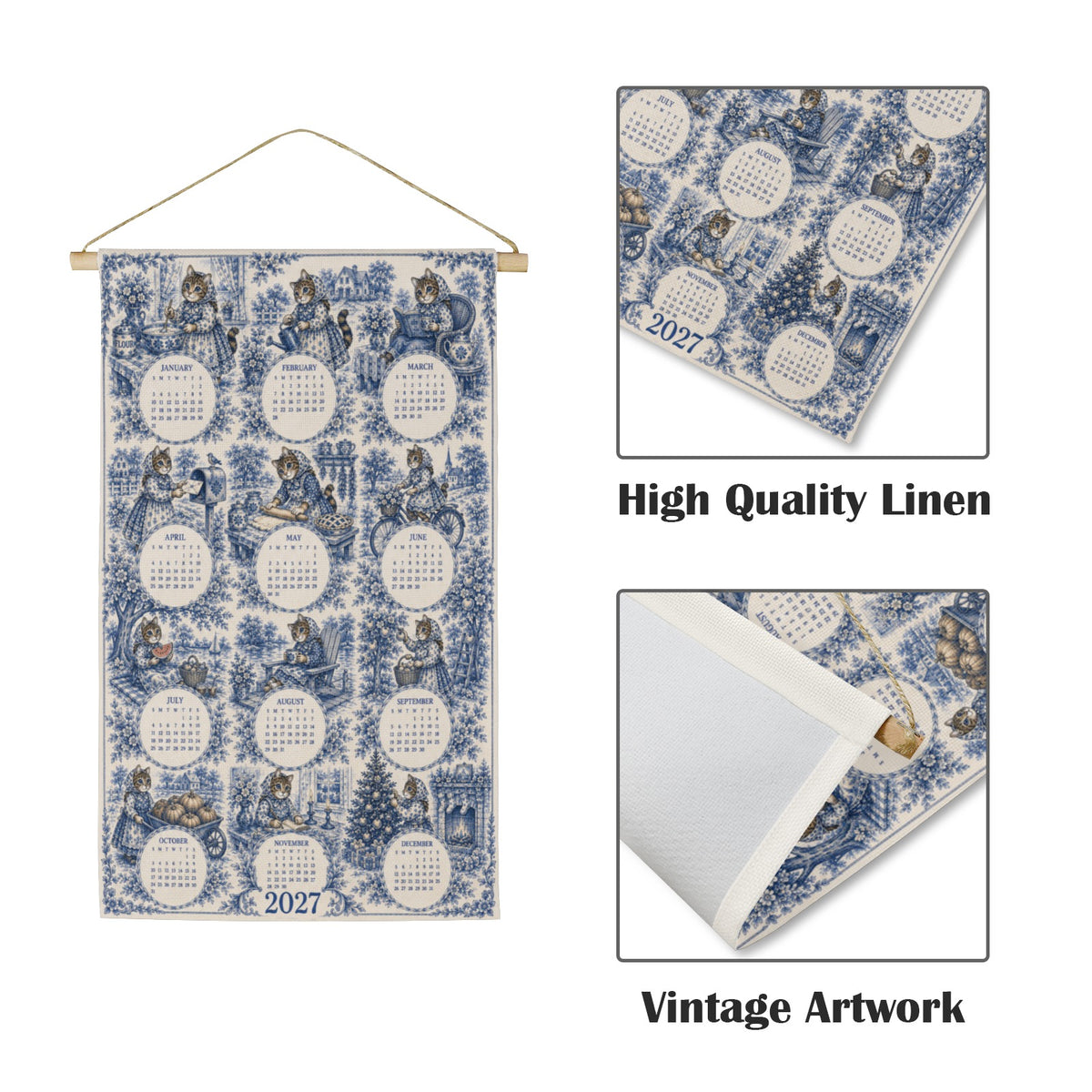 Babushka Cat Toile Old Timey Wall Hanging Calendar