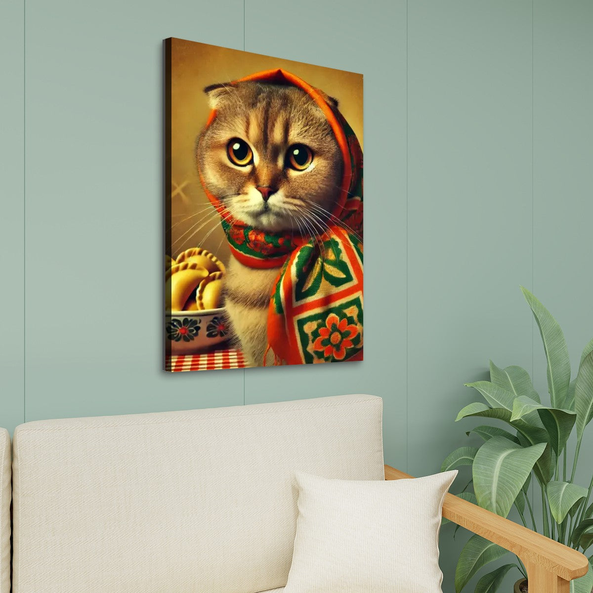 Orange Tabby Cat Brings Pierogi Kitschy Cat Art Canvas Print Wall Art