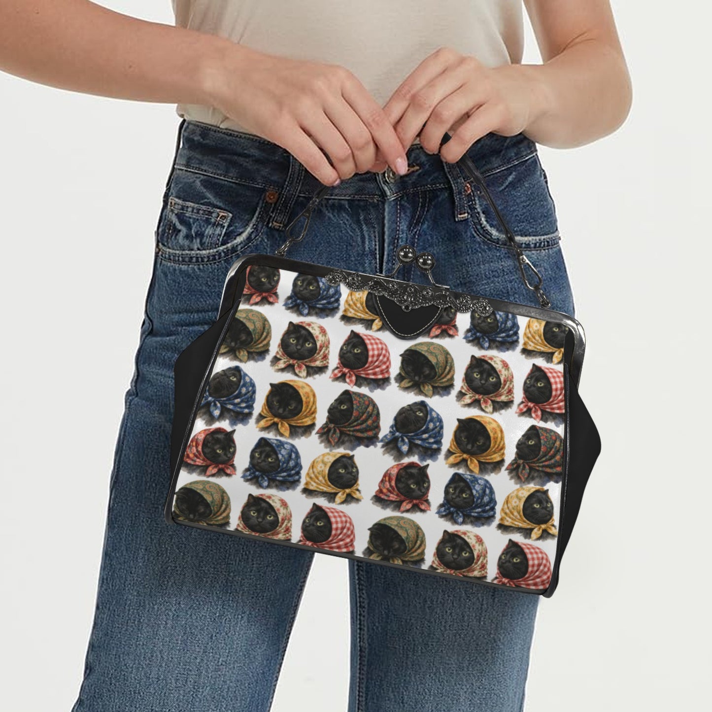 Babushka Cat Lucky Black Cat Heads Whimsical Vintage Style Kiss Lock Purse