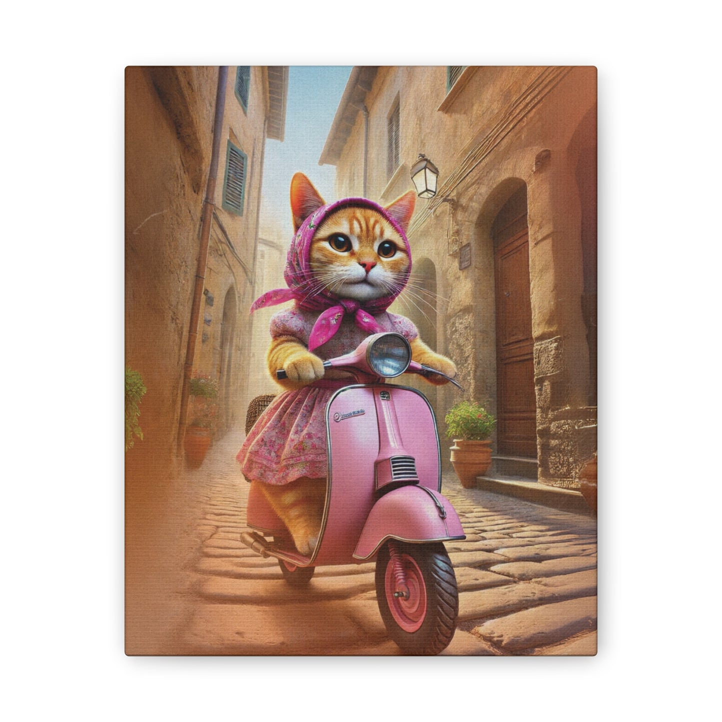 Pink Babushka Cat Rides Her Italian Scooter-Kitschy Cat Art