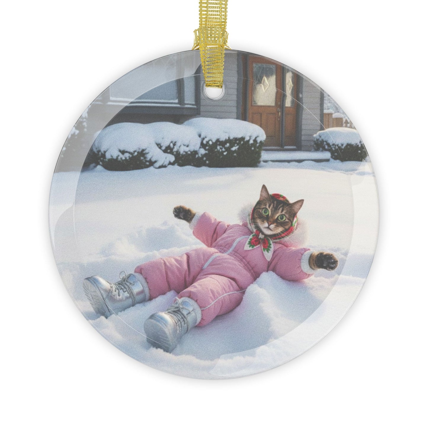 Babushka Cat Snow Angel Glass Ornament