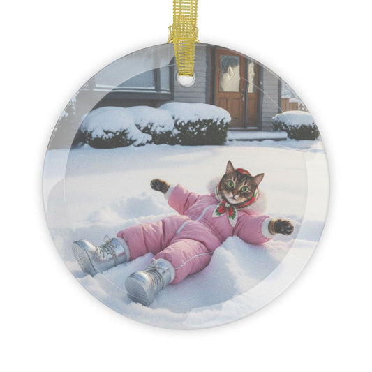 Babushka Cat Snow Angel Glass Ornament