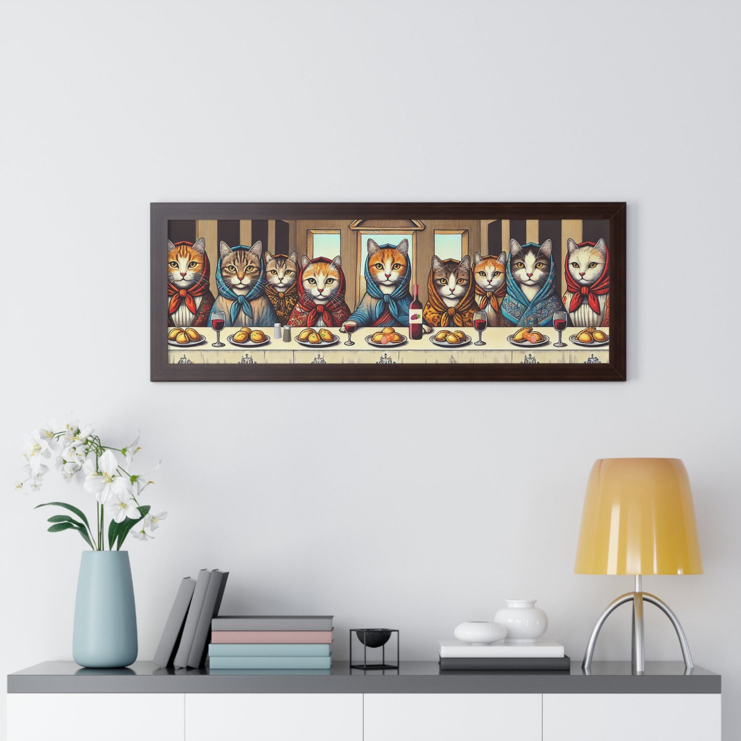 The Last Supper Babushka Cat Pierogi Supper Framed Horizontal Poster for Polish Art Lovers