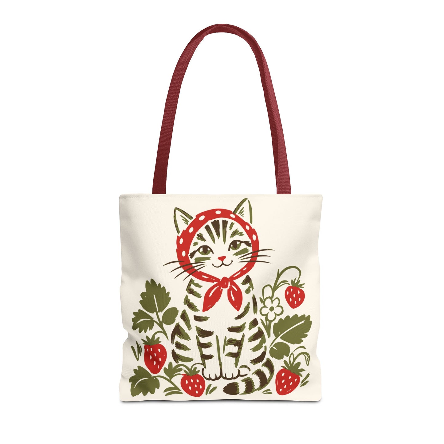 Babushka Cat Strawberry Patch Tabby Cat Tote Bag (AOP)
