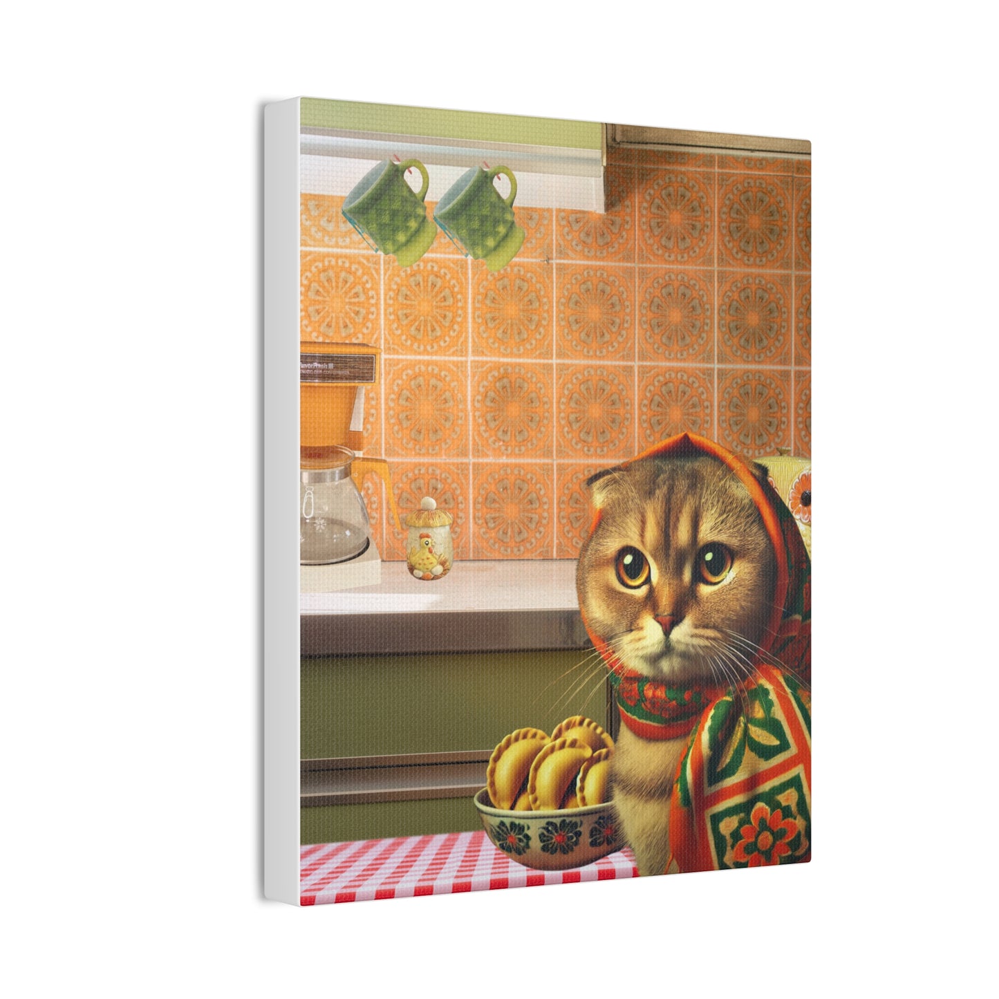 Babushka Cat Visits with Pierogi, Kitschy Wall Art, Polish Gifts, Polish Cat Canvas Art for Polish Cat Lovers