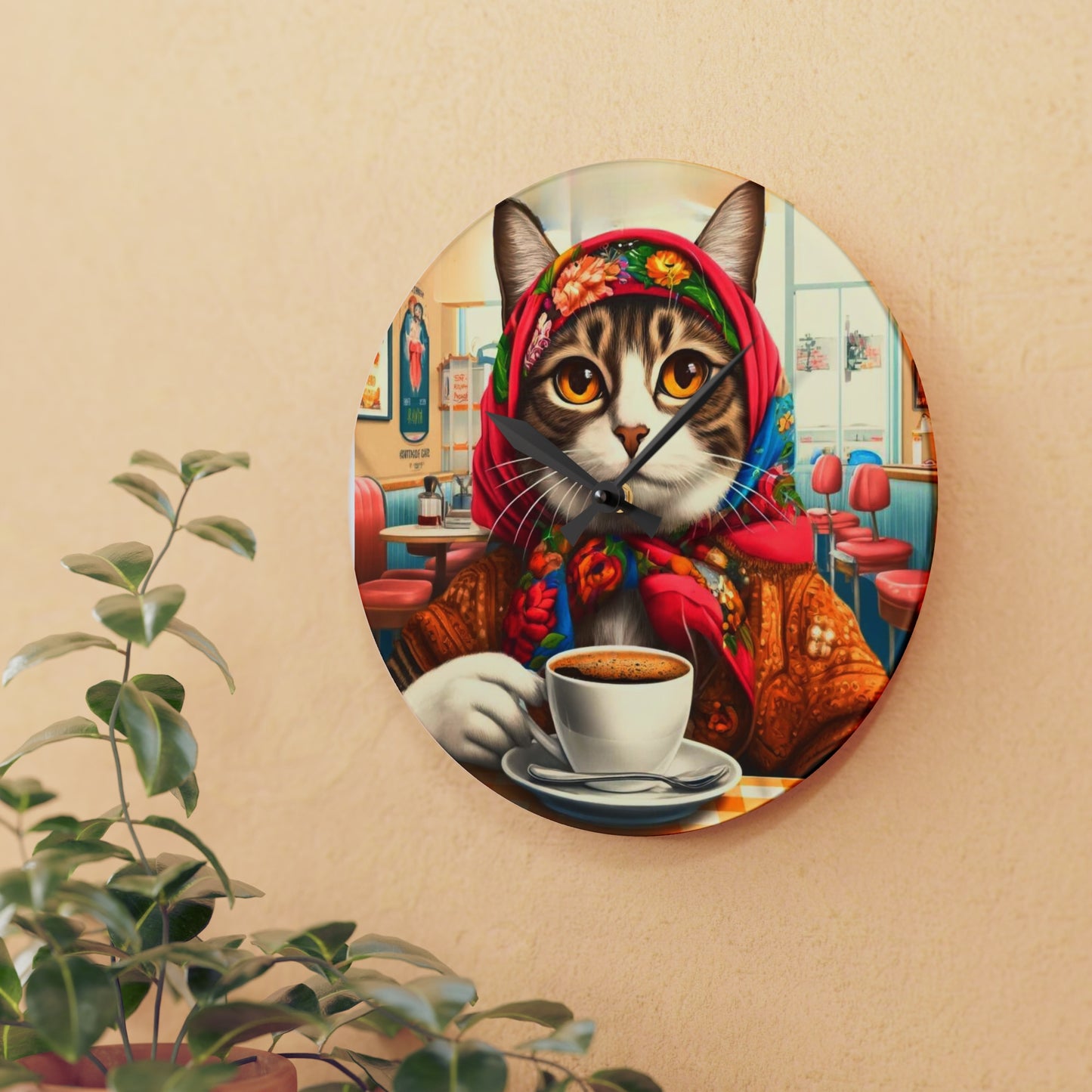 Babushka Cat Coffee Time Acrylic Wall Clock