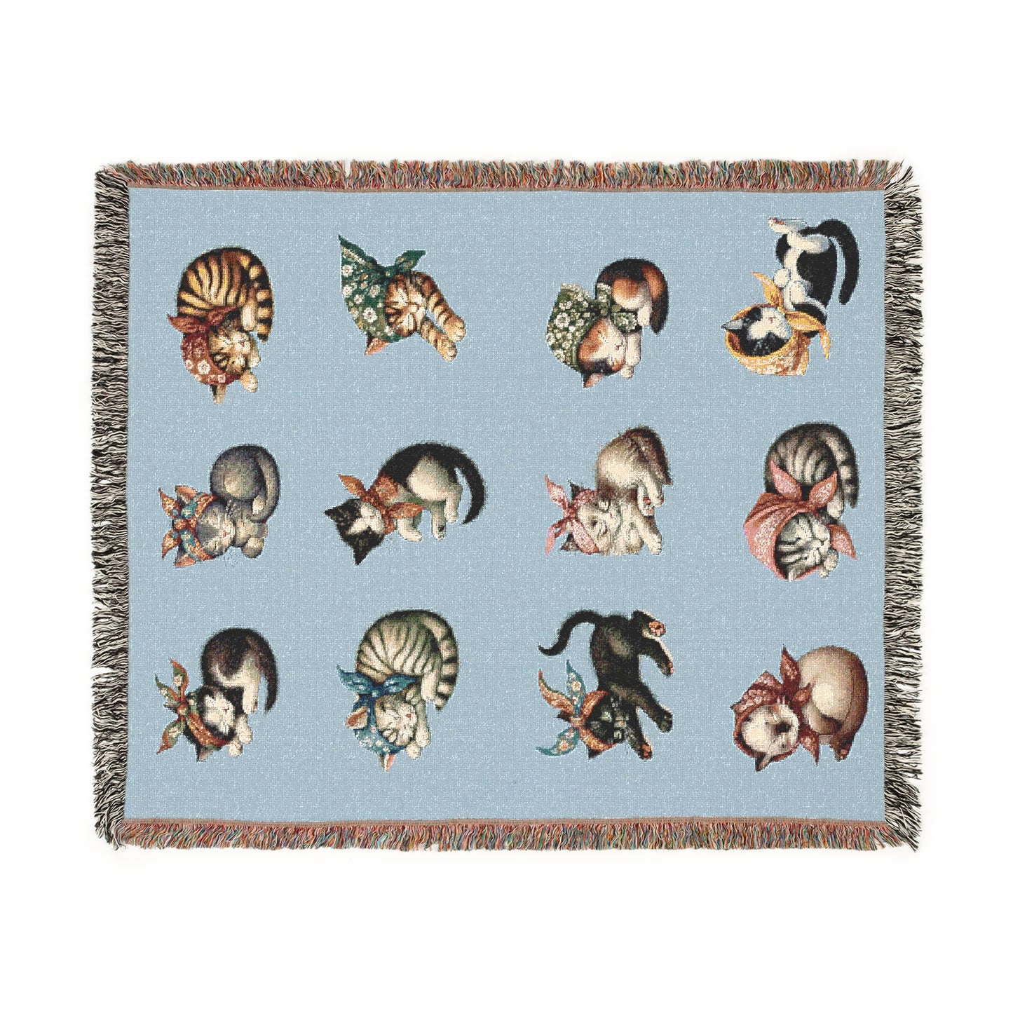 Babushka Kittens Sleep Folk Art Woven Blanket