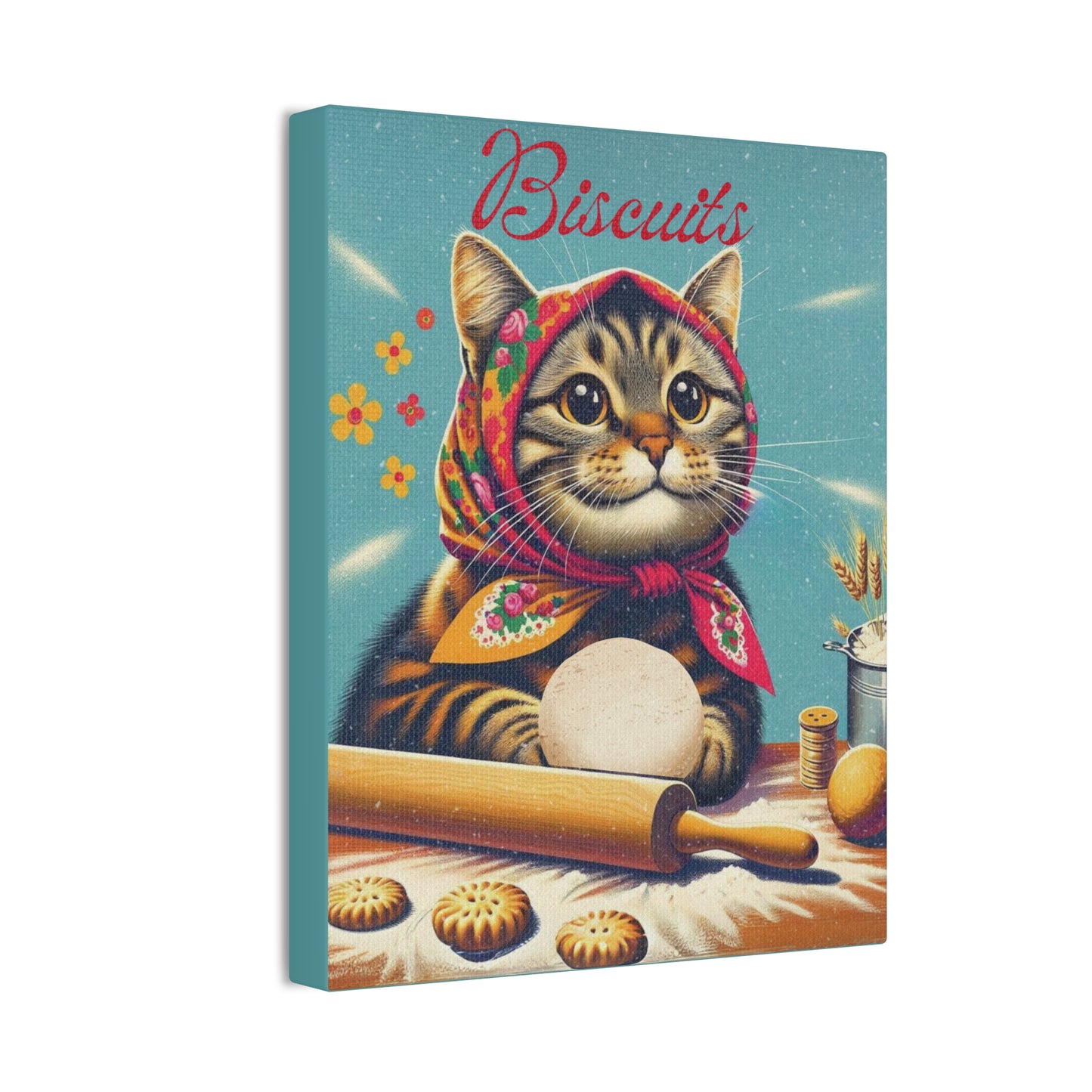 Babushka Cat Vintage Ad, Kitty Biscuits Canvas Wall Art