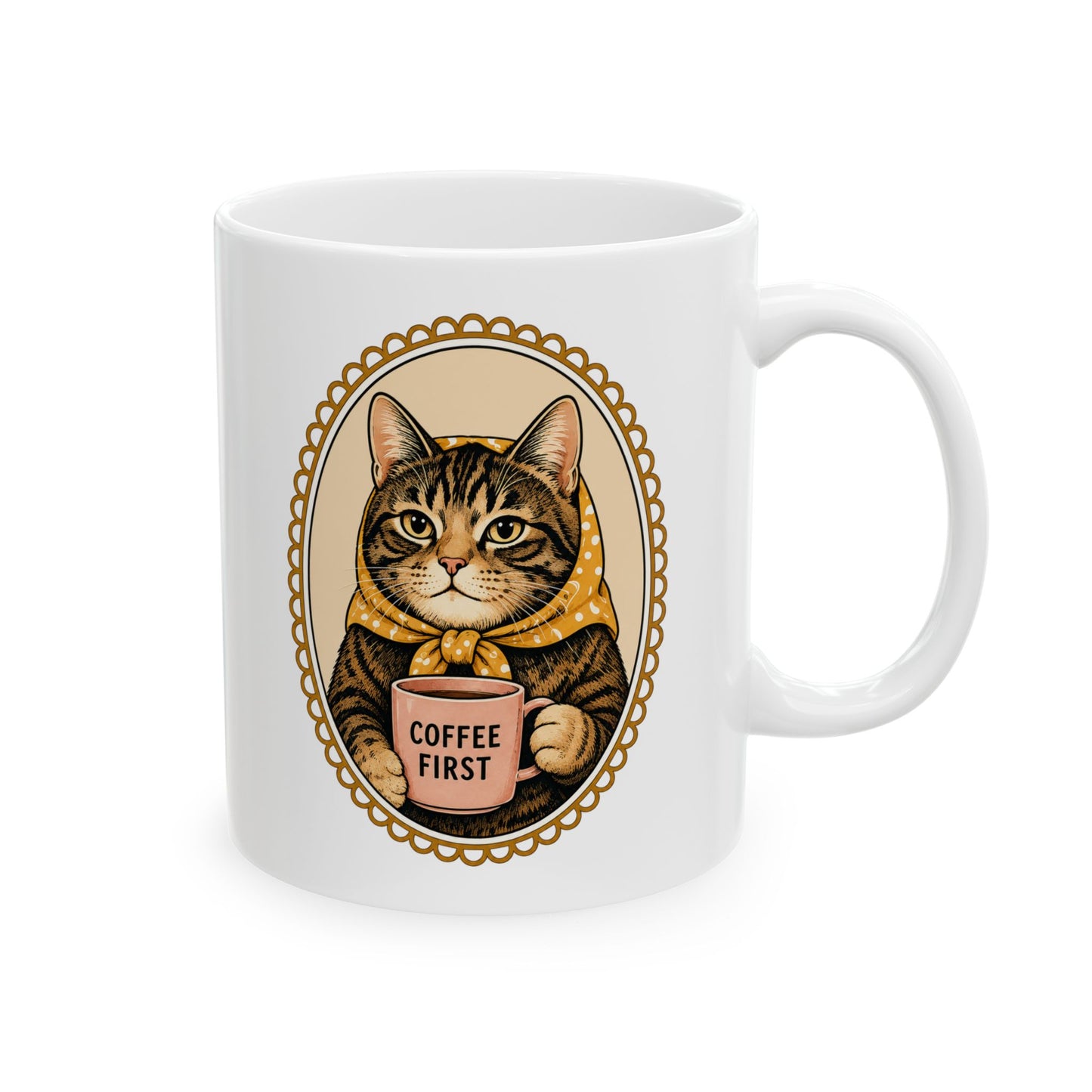 Babushka Cat Coffee First Cameo Mug 11 oz or 15 oz