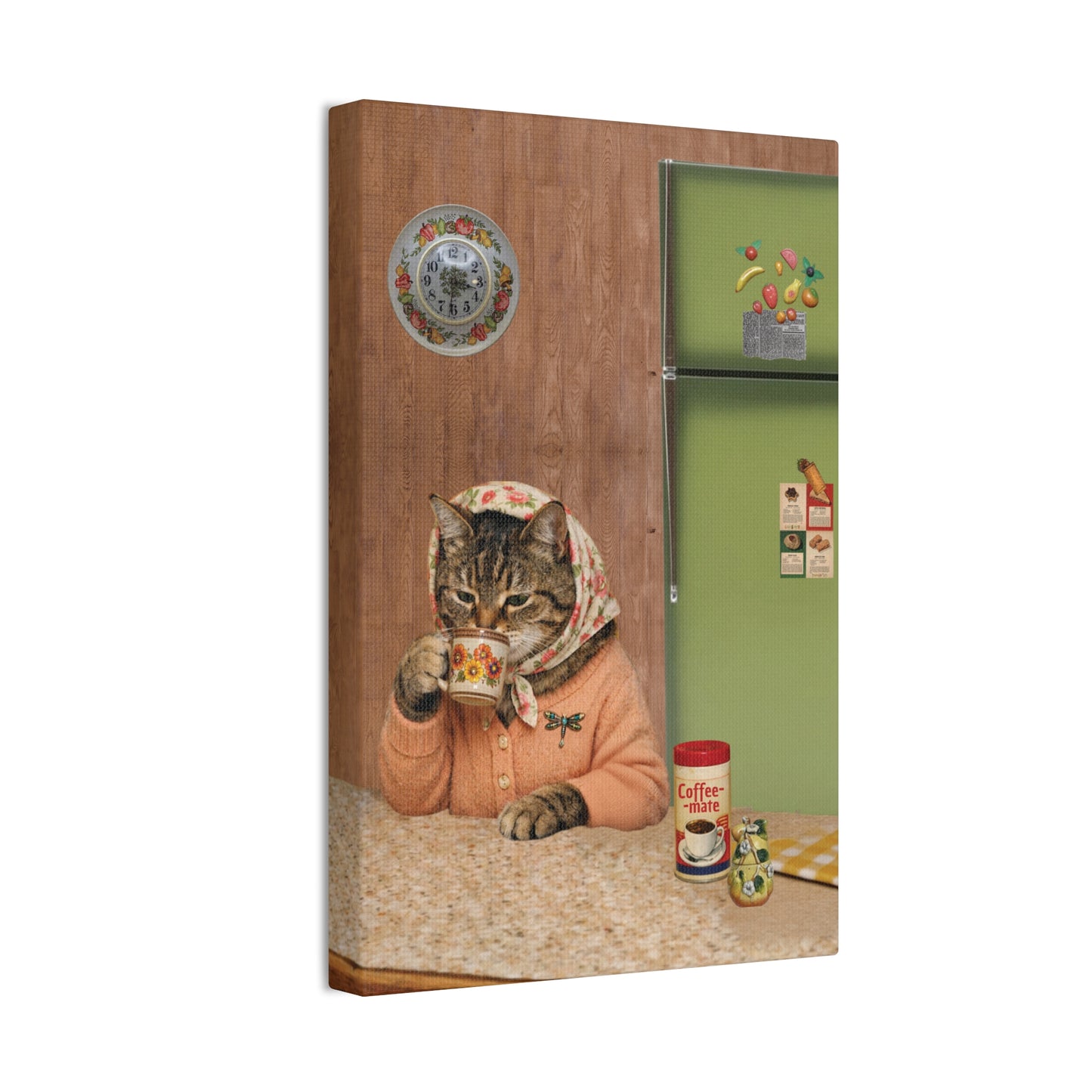 Babushka Cat Enjoys Coffee Canvas Wall Art