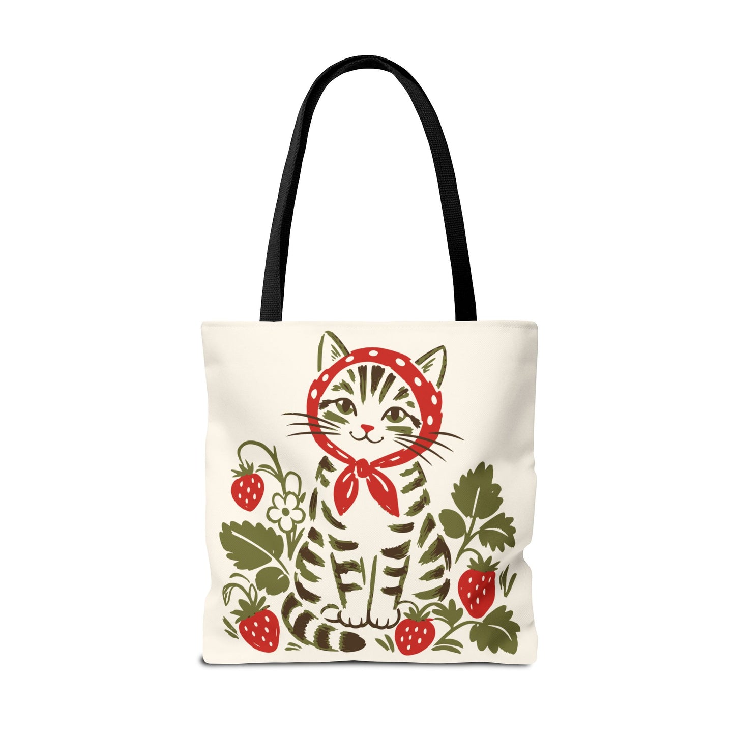 Babushka Cat Strawberry Patch Tabby Cat Tote Bag (AOP)
