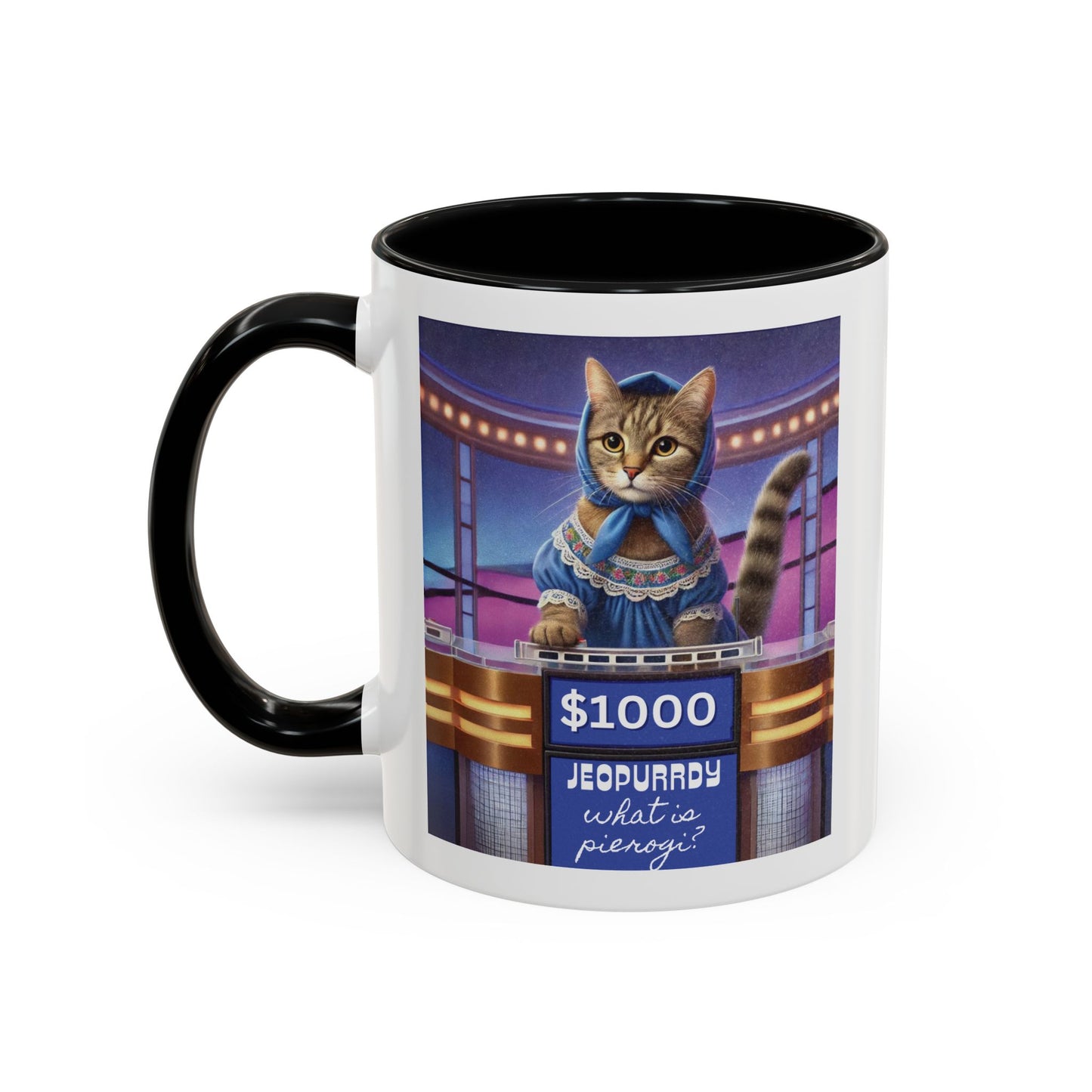 Babushka Cat Does Gameshow, Kitschy Cat Accent Coffee Mug (11 oz)