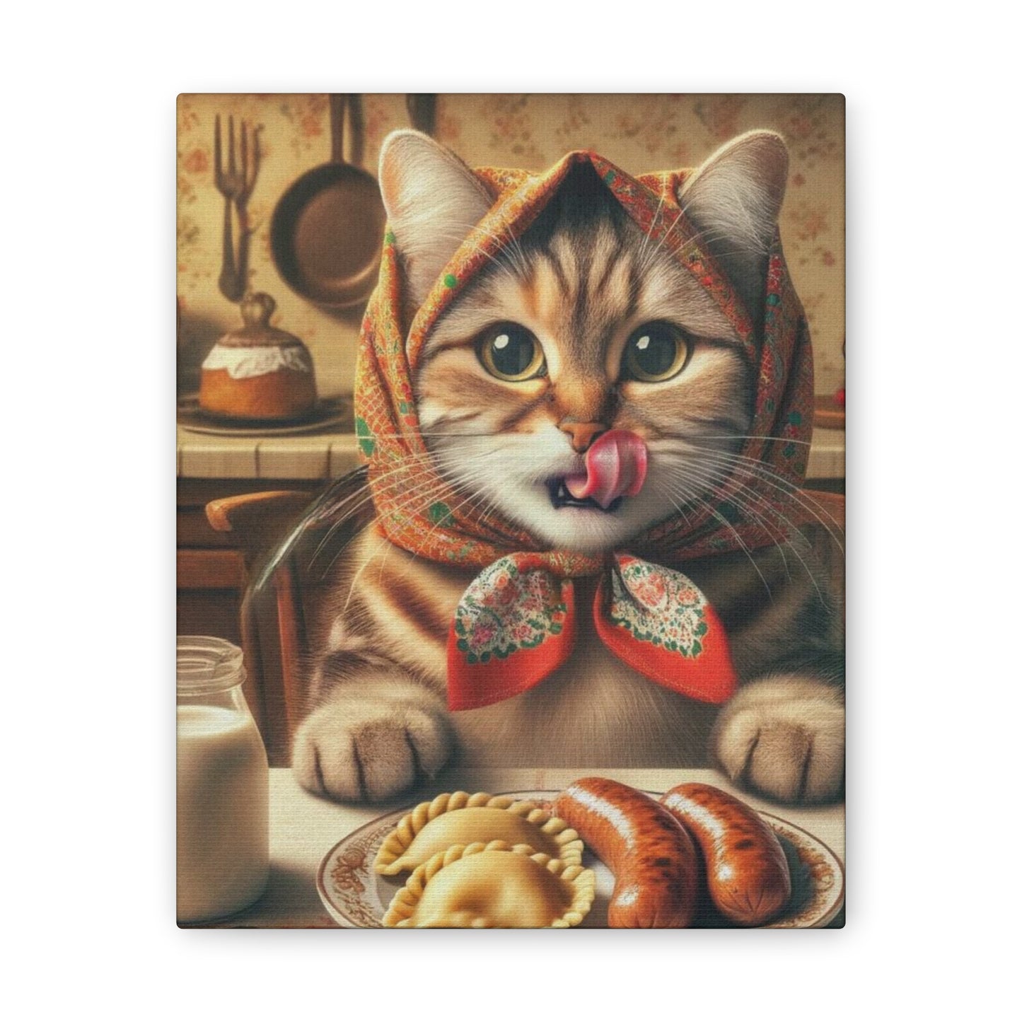 Babushka Cat Eats Kielbasa and Pierogi