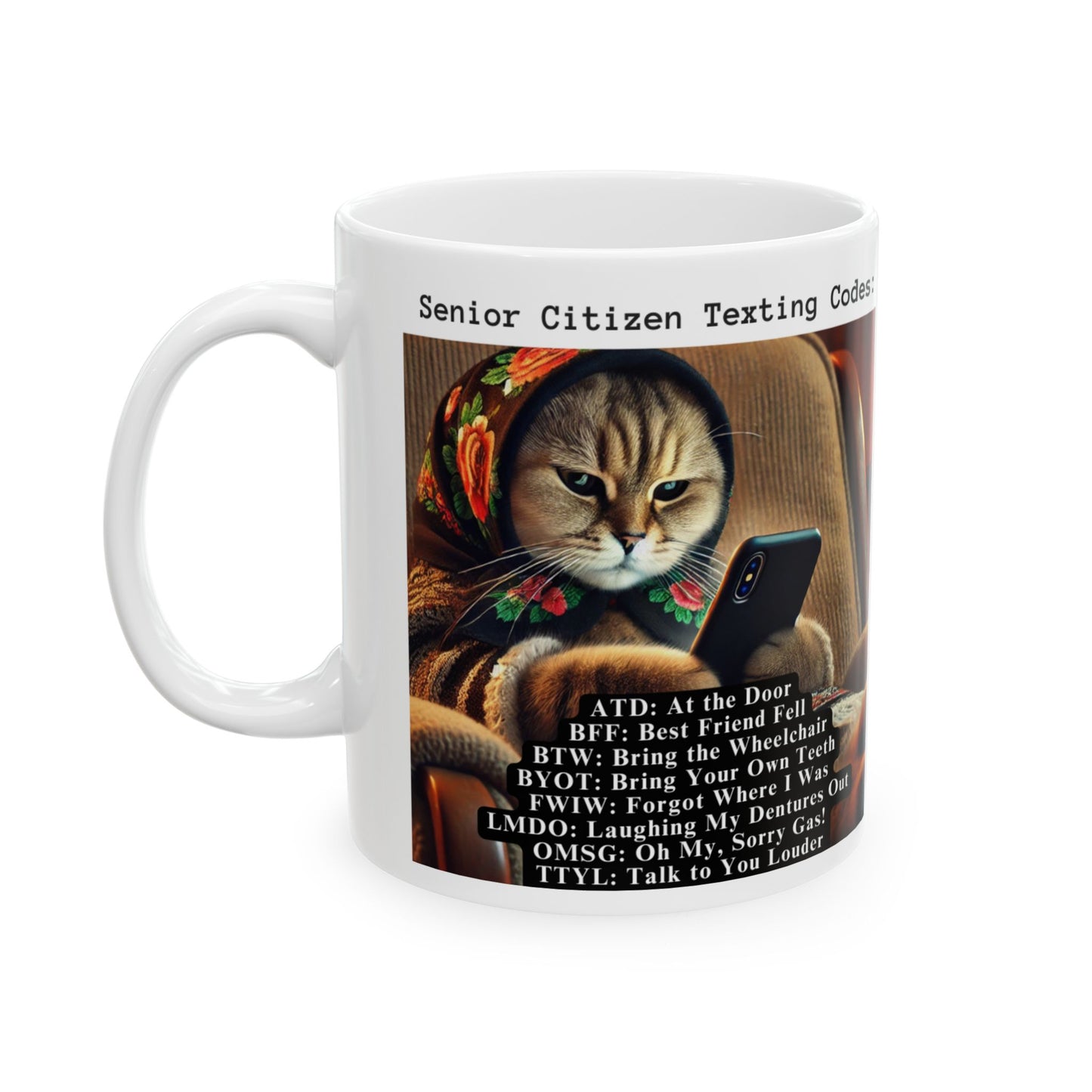 Babushka Cat Senior Citizen Texting Codes, Funny Kitschy Ceramic Mug